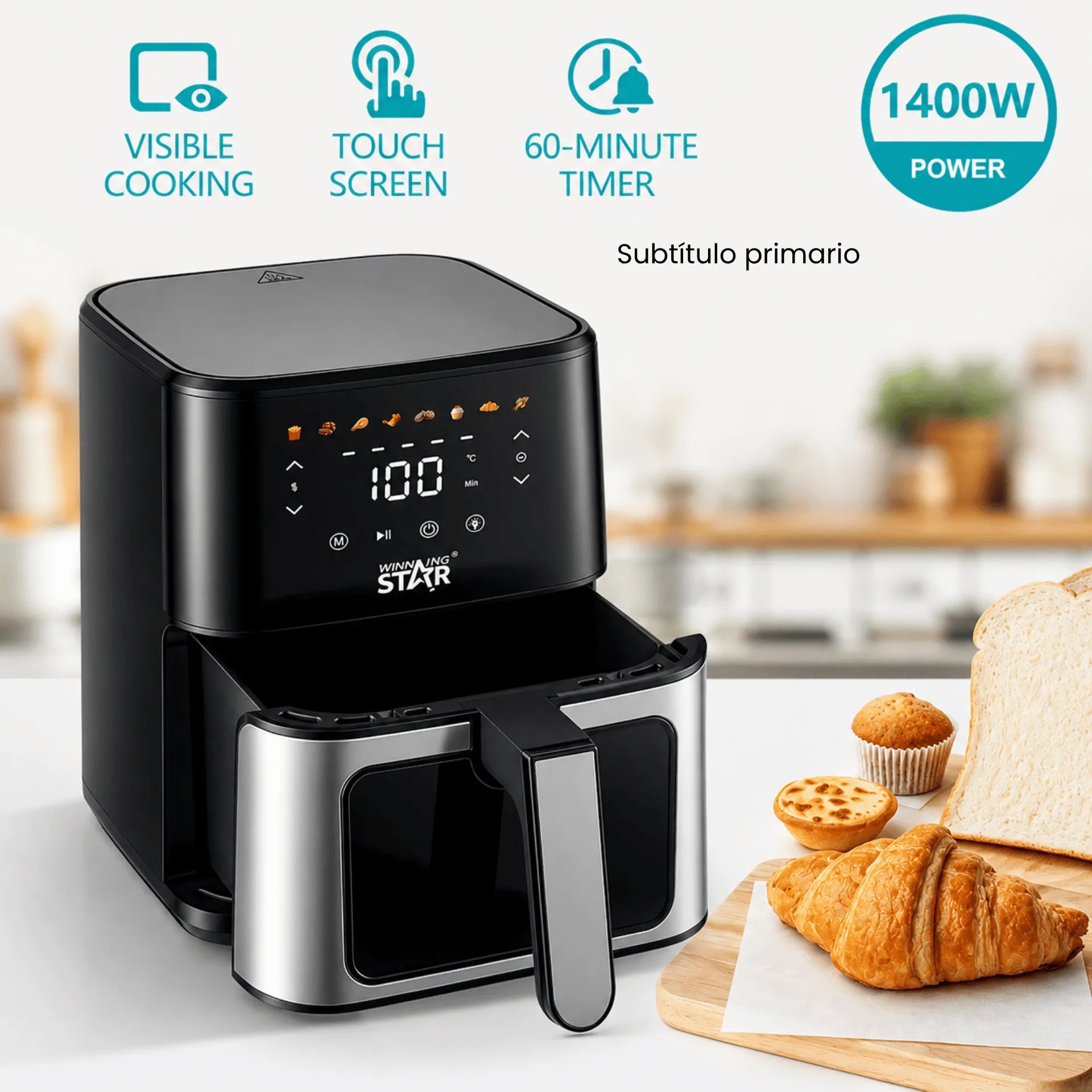 Freidora De Aire Winning Star 4.5L Con Panel Táctil Digital, Ventana De Visualización y 1400W ST-2043