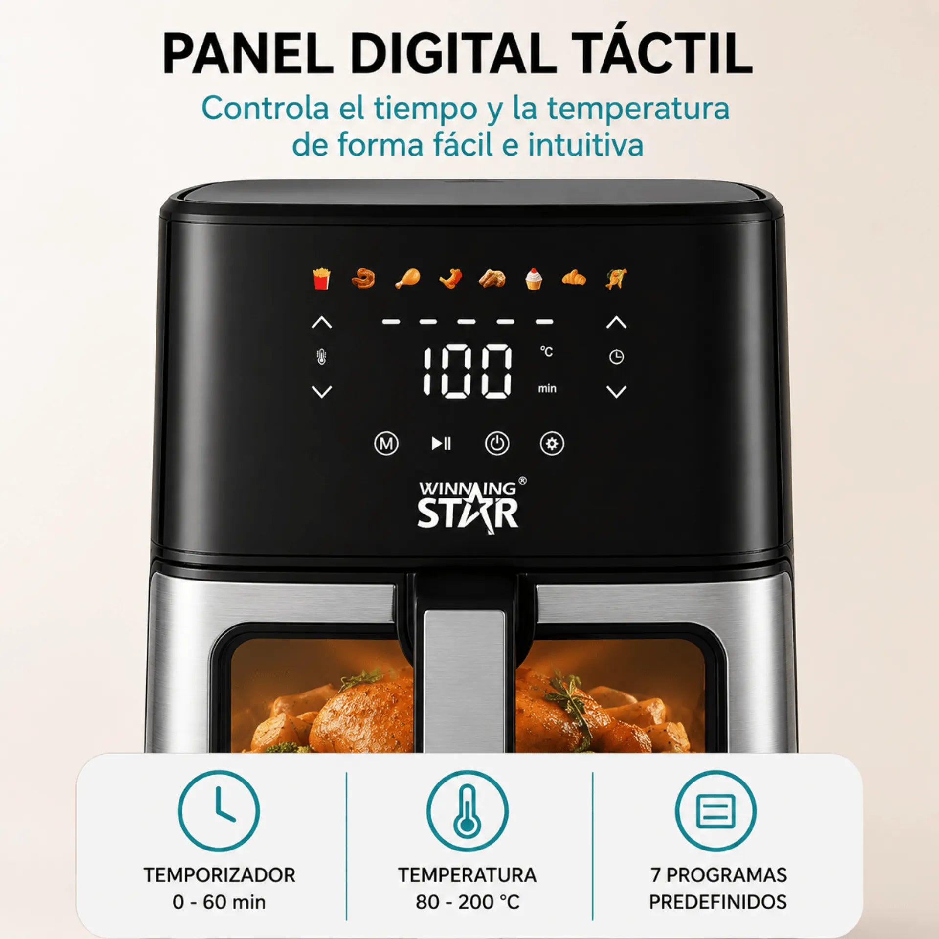 Freidora De Aire Winning Star 4.5L Con Panel Táctil Digital, Ventana De Visualización y 1400W ST-2043