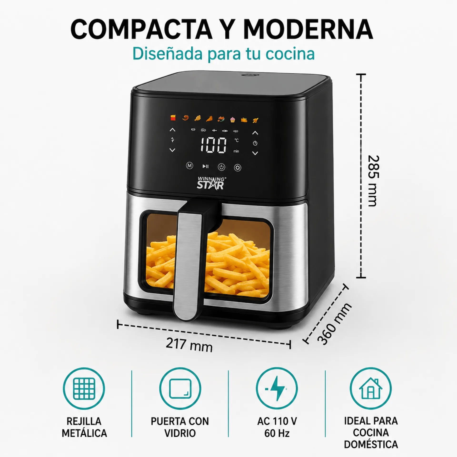 Freidora De Aire Winning Star 4.5L Con Panel Táctil Digital, Ventana De Visualización y 1400W ST-2043