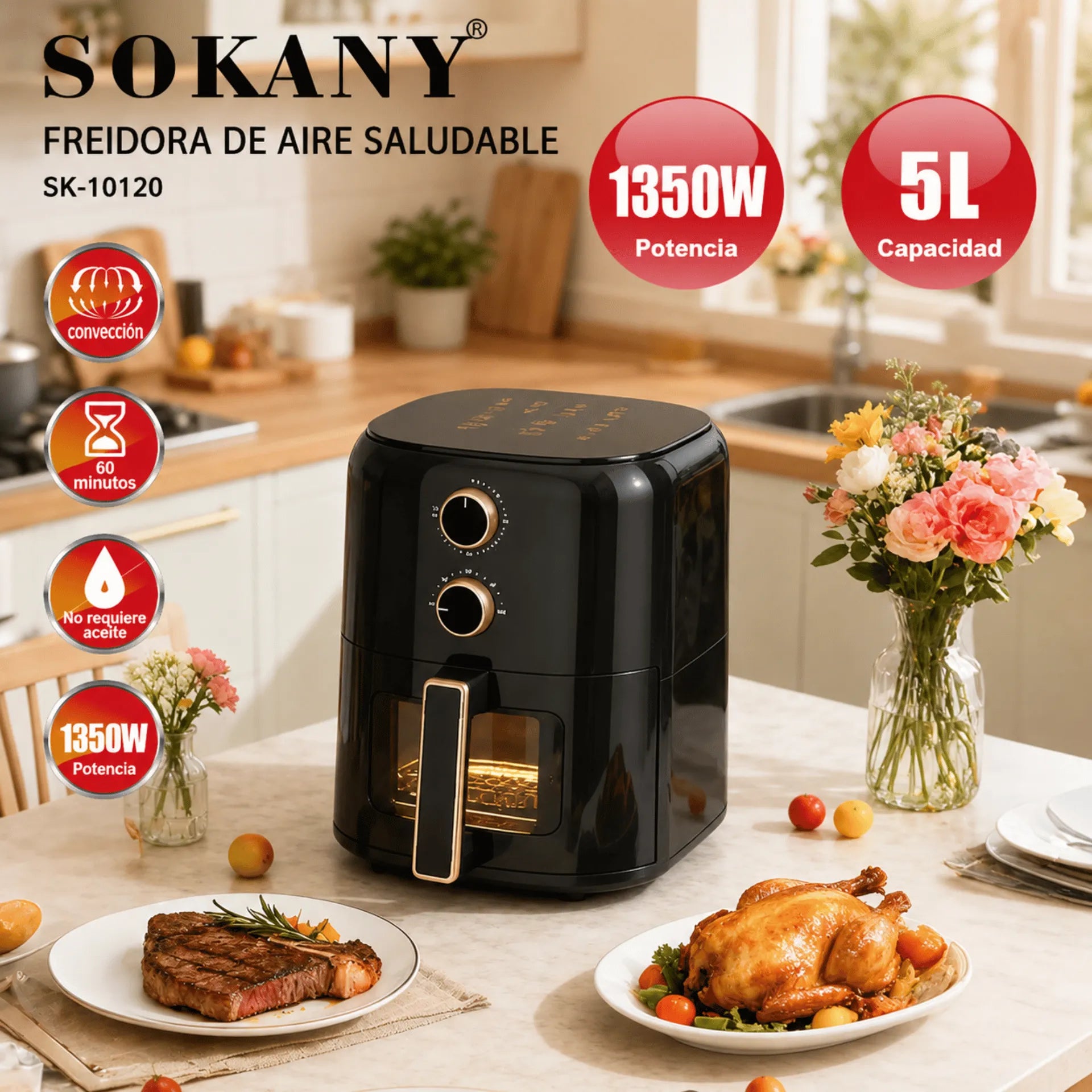 Freidora De Aire Eléctrica 5 Litros 1350W Sokany SK-10120