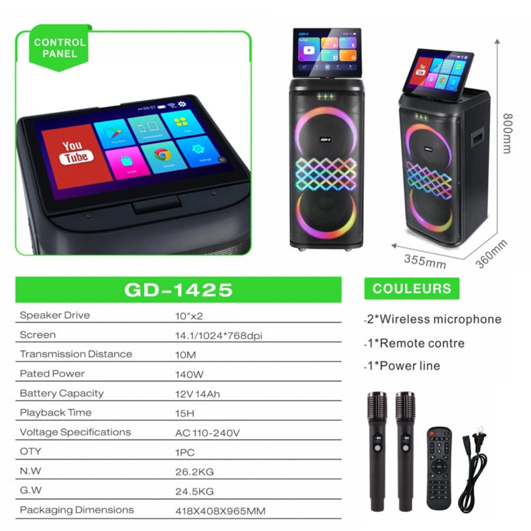 Parlante Torre Android Bluetooth Doble Bocina 10 Pulgadas Con Pantalla Táctil GD-1425