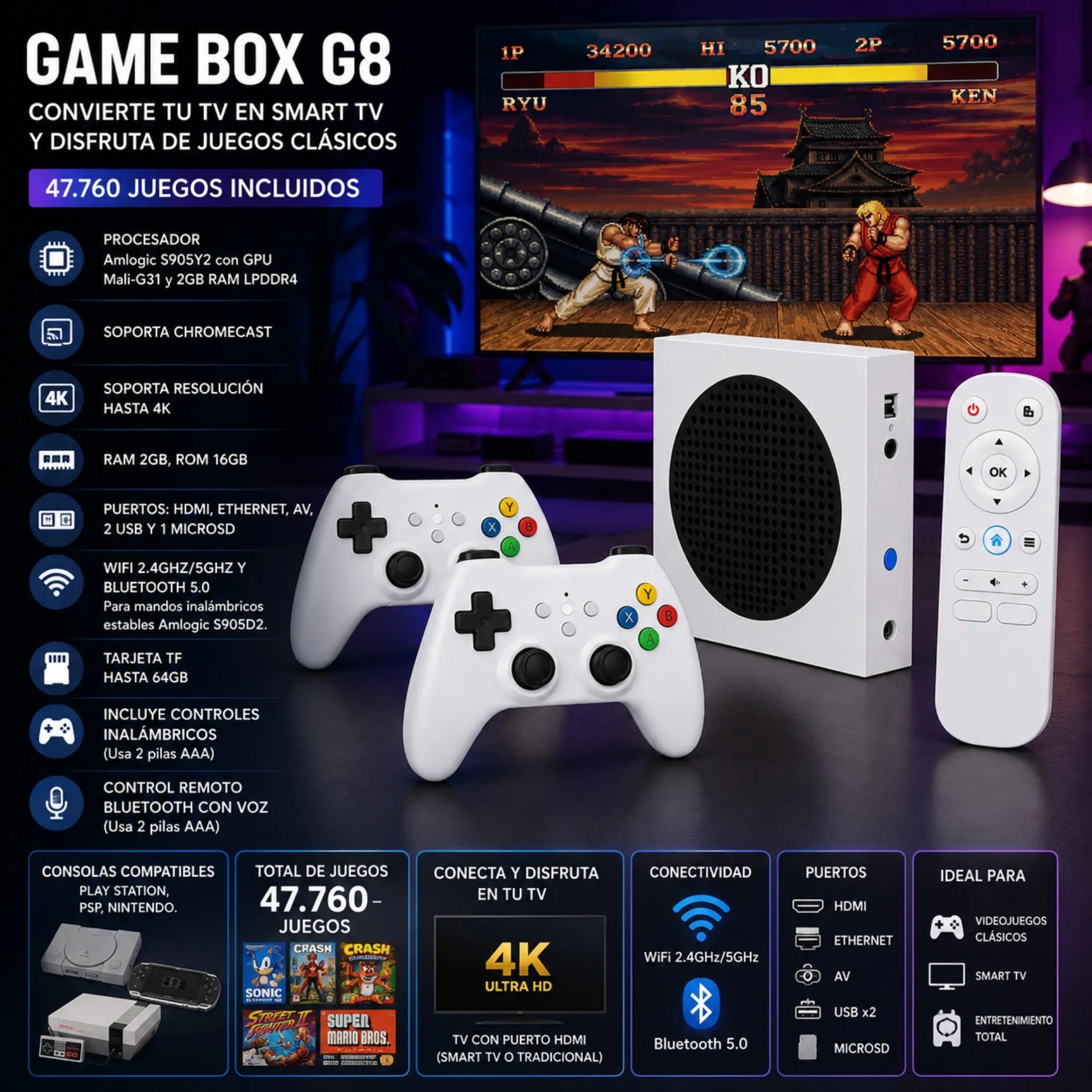 Game Box Smart TV 4K Con 47.760 Juegos Y Controles Inalámbricos G8