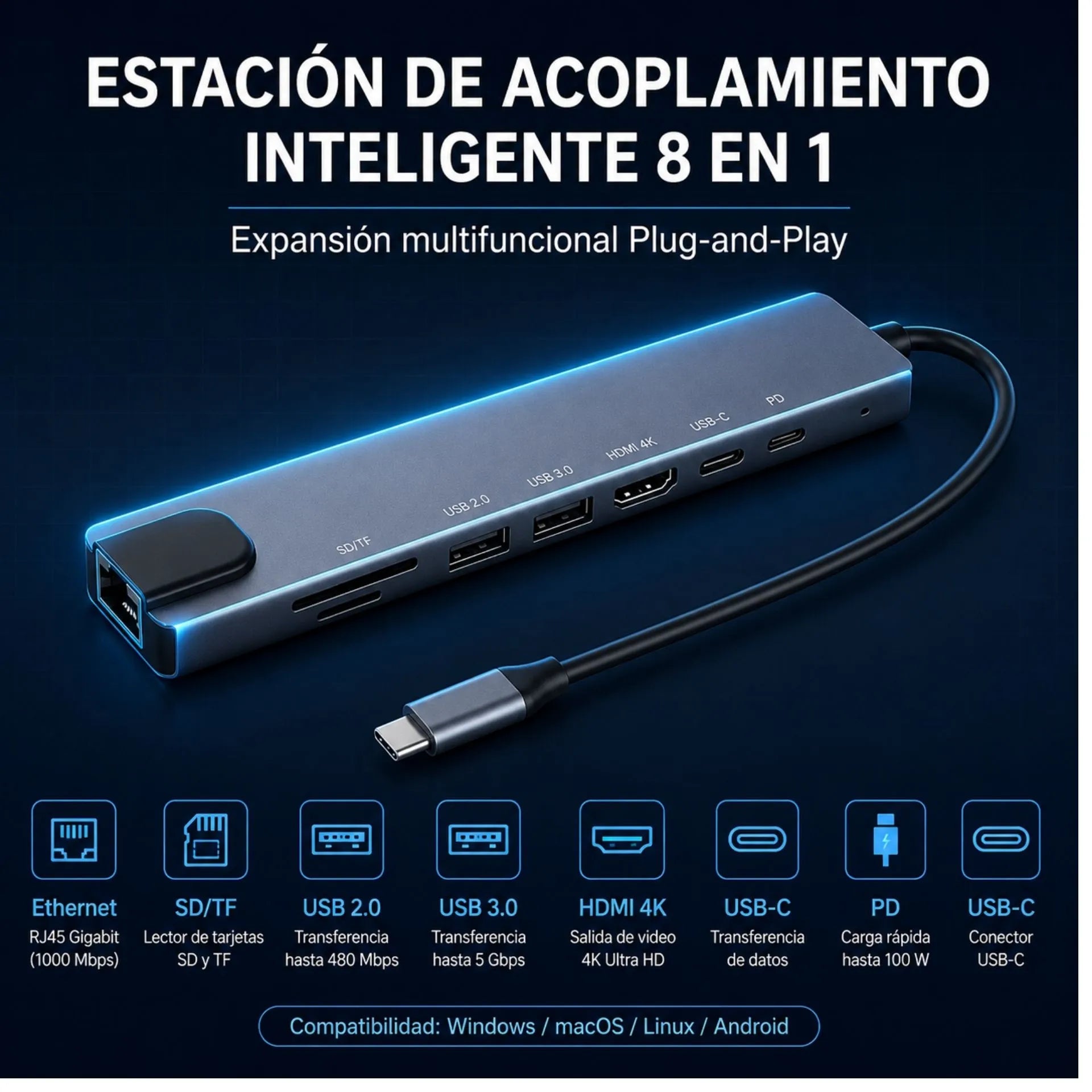 Multipuerto HUB USB Tipo C OTG 8 En 1 LJ-47TP/HDTV8IN