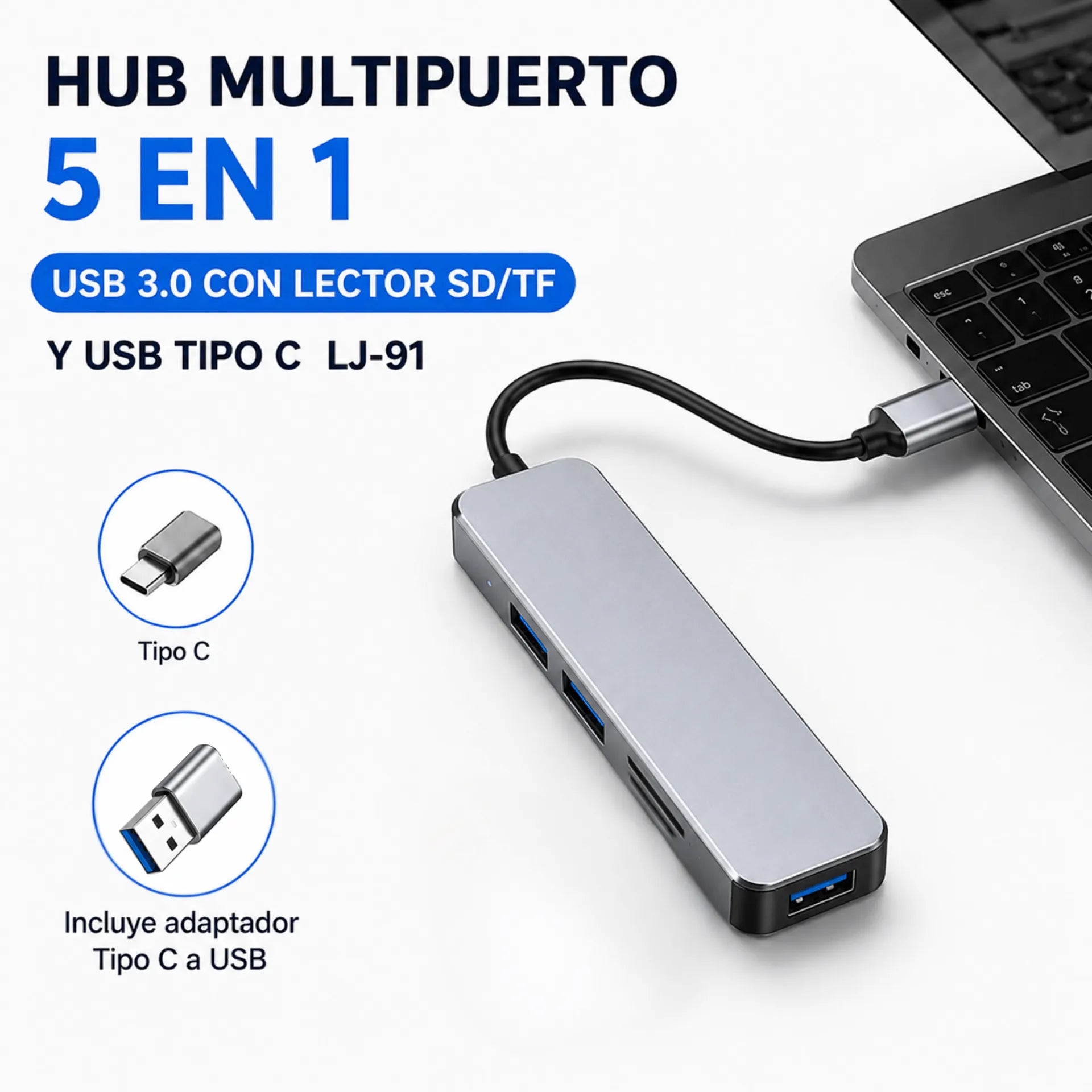 Hub Multipuerto 5 En 1 USB 3.0 Con Lector SD/TF Y USB Tipo C LJ-91