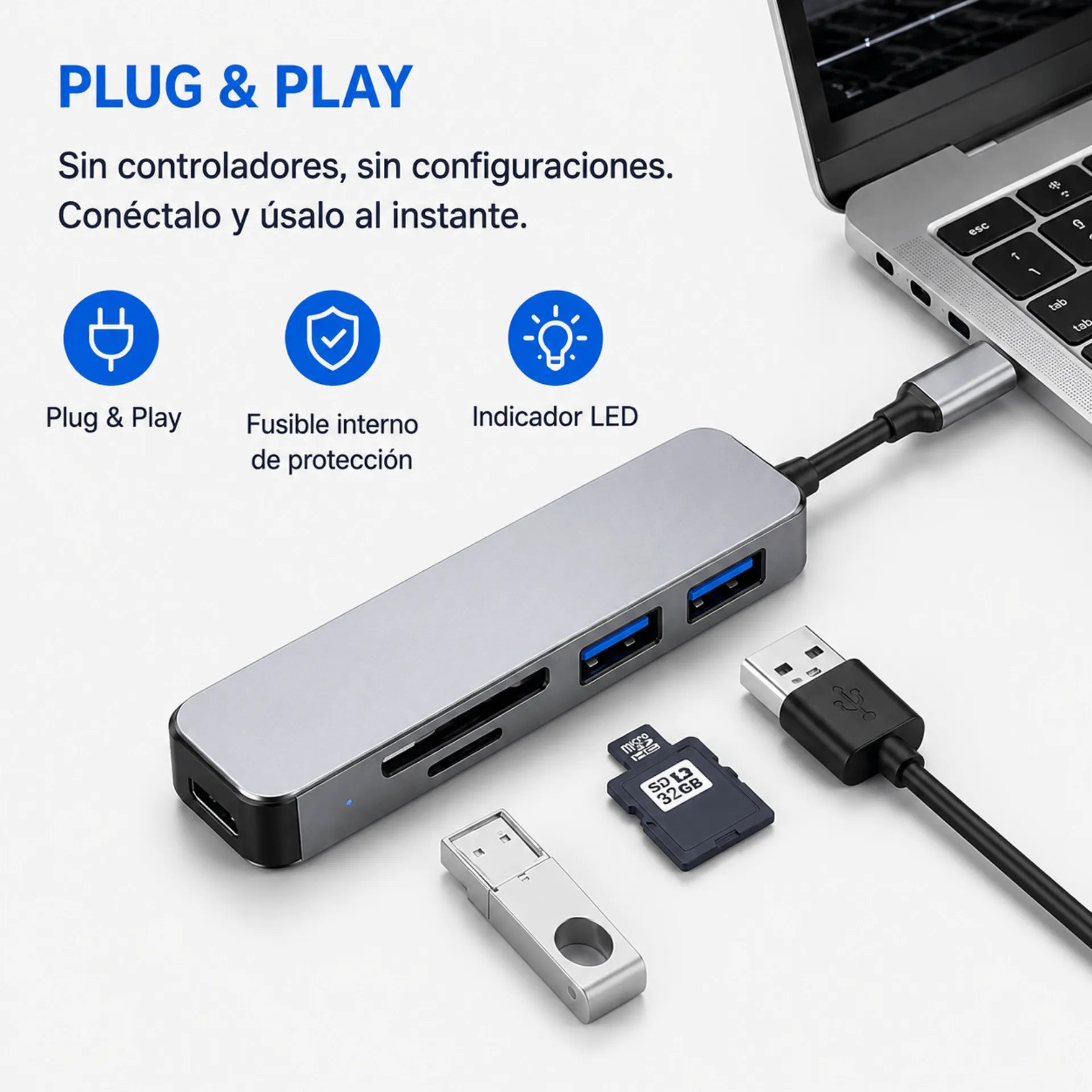 Hub Multipuerto 5 En 1 USB 3.0 Con Lector SD/TF Y USB Tipo C LJ-91