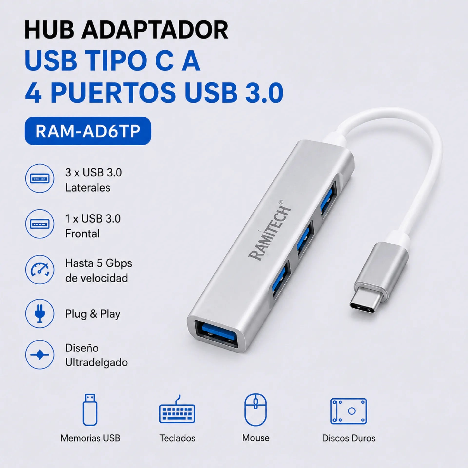 Hub Adaptador USB Tipo C A 4 Puertos USB 3.0 Ramitech RAM-AD6TP