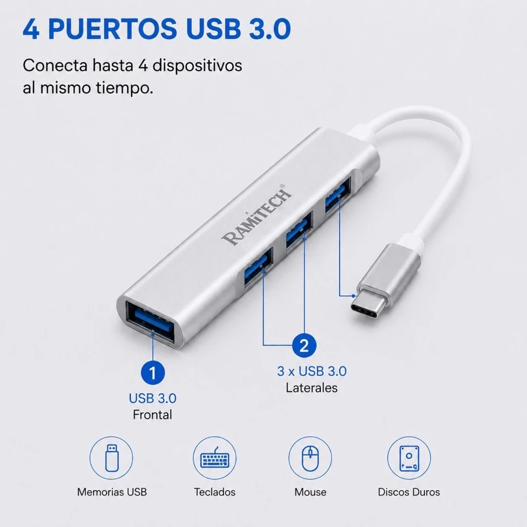 Hub Adaptador USB Tipo C A 4 Puertos USB 3.0 Ramitech RAM-AD6TP