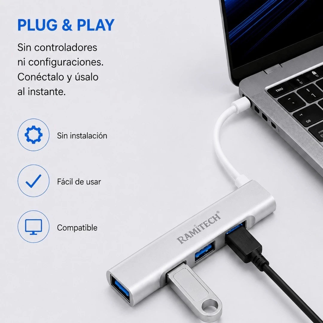 Hub Adaptador USB Tipo C A 4 Puertos USB 3.0 Ramitech RAM-AD6TP