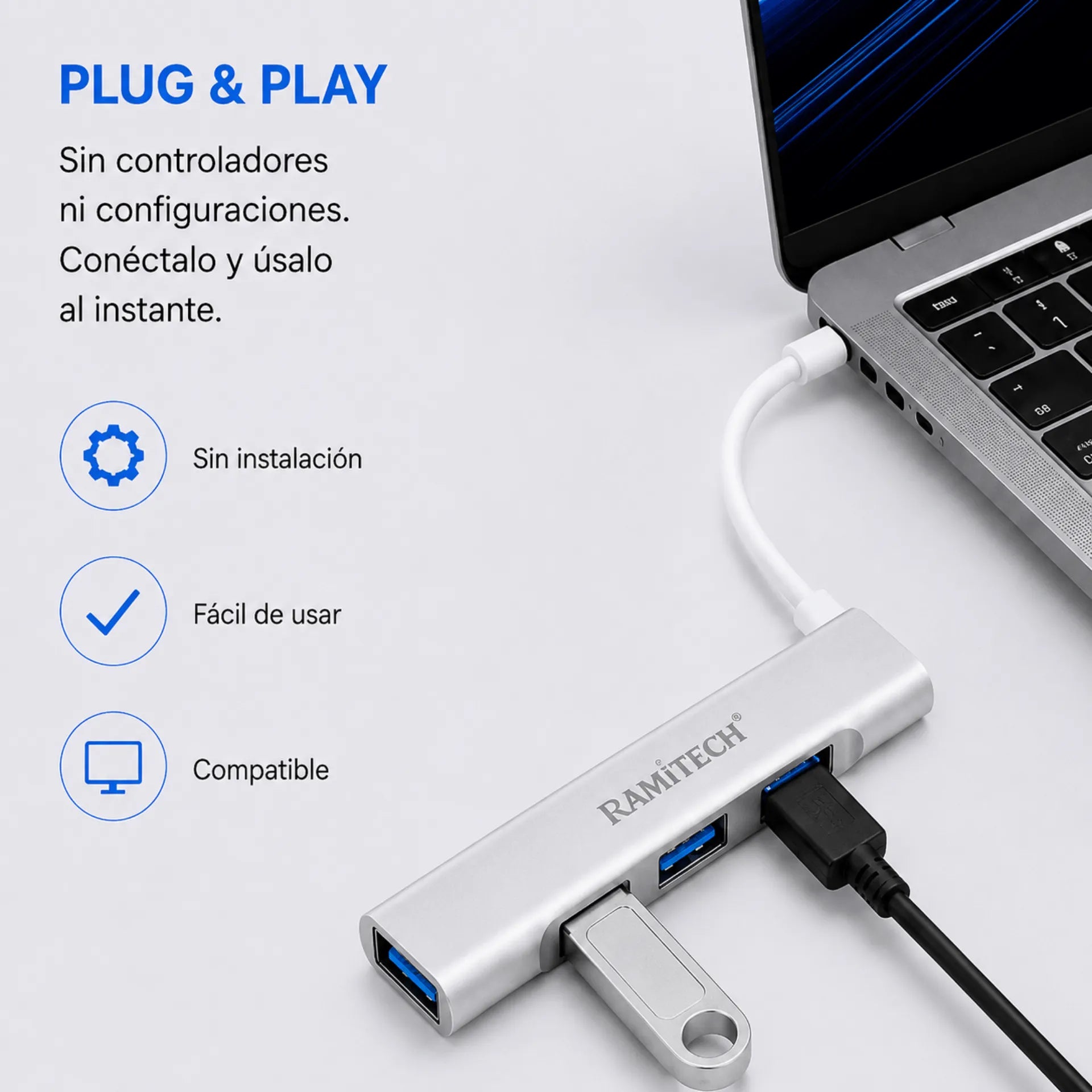 Hub Adaptador USB Tipo C A 4 Puertos USB 3.0 Ramitech RAM-AD6TP