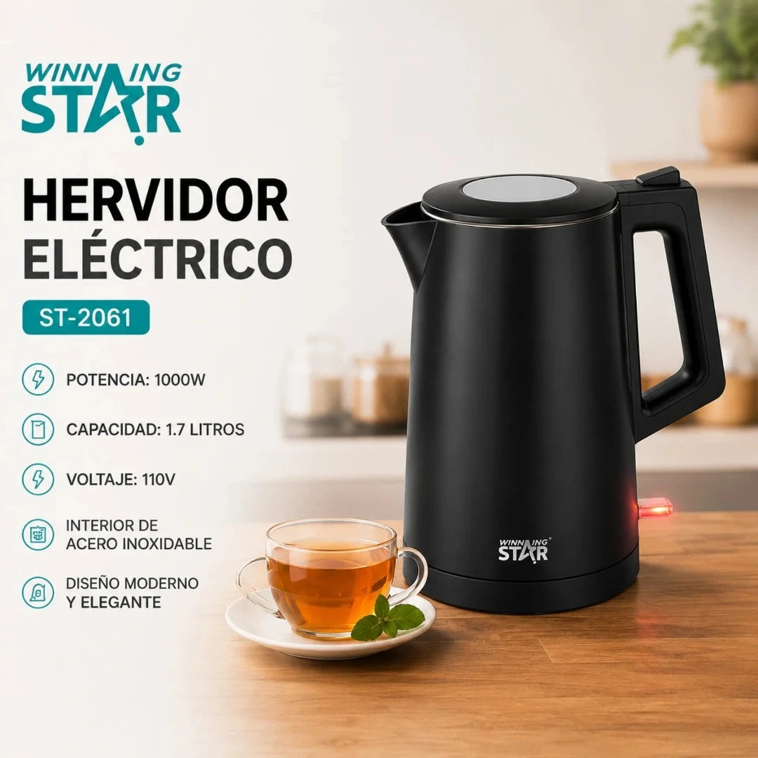 Hervidor Eléctrico Winning Star 1.7L Con Interior De Acero Inoxidable Y Base 360° ST-2061