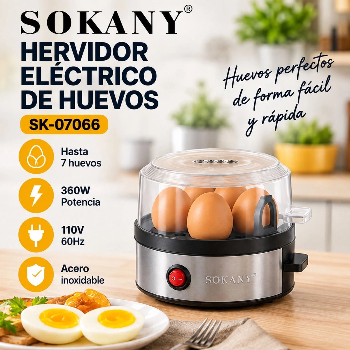 Hervidor Eléctrico Para Huevos Capacidad Hasta 7 Unidades 360W Sokany SK-07066