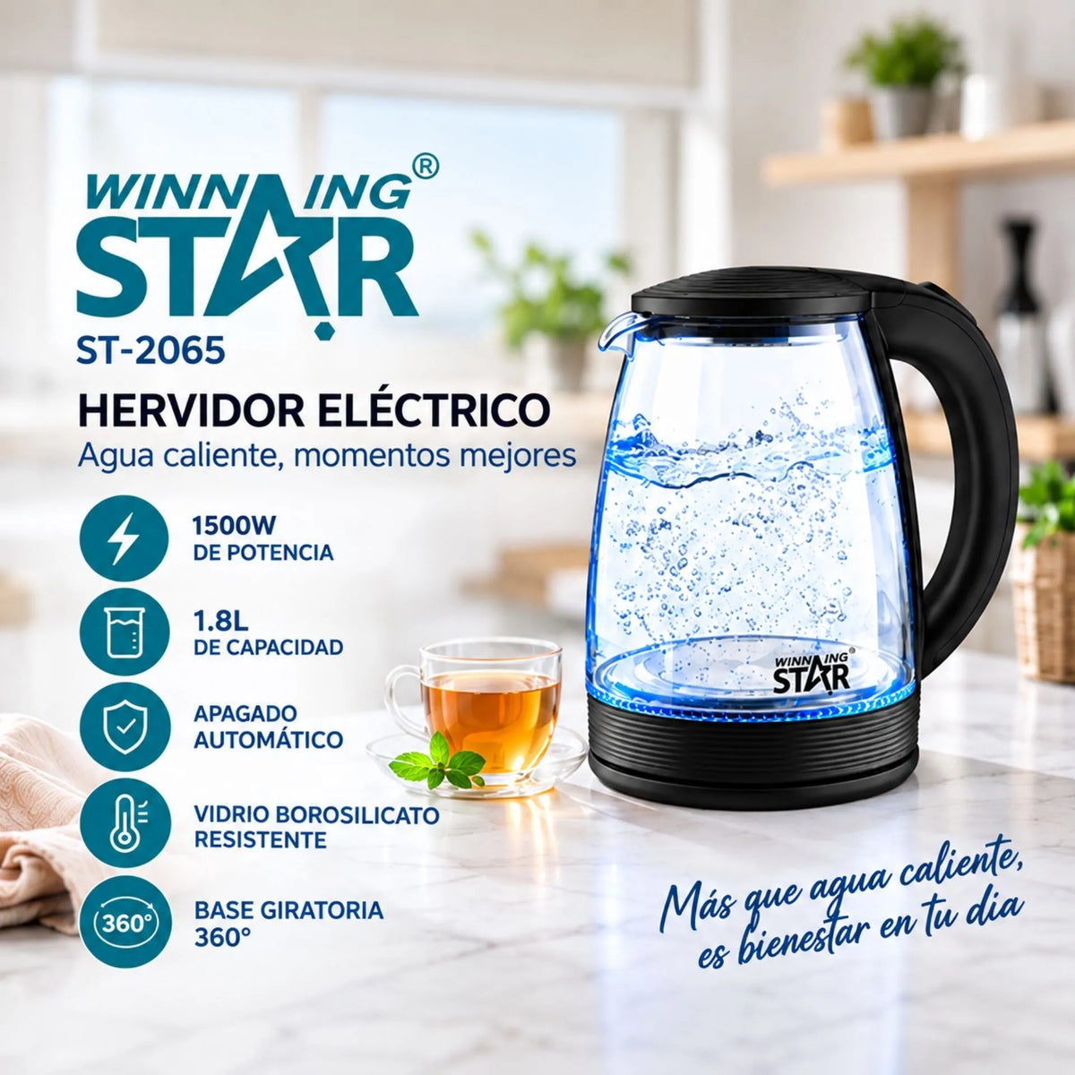 Hervidor Eléctrico En Vidrio 1.8L 1500W Con Apagado Automático Winning Star ST-2065