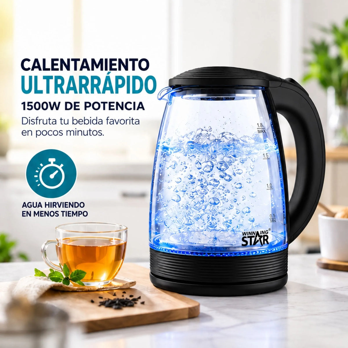 Hervidor Eléctrico En Vidrio 1.8L 1500W Con Apagado Automático Winning Star ST-2065