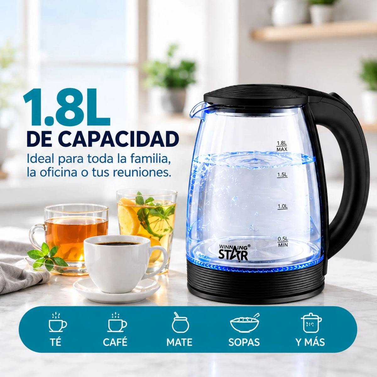 Hervidor Eléctrico En Vidrio 1.8L 1500W Con Apagado Automático Winning Star ST-2065