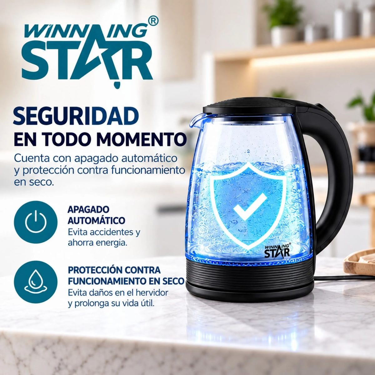Hervidor Eléctrico En Vidrio 1.8L 1500W Con Apagado Automático Winning Star ST-2065