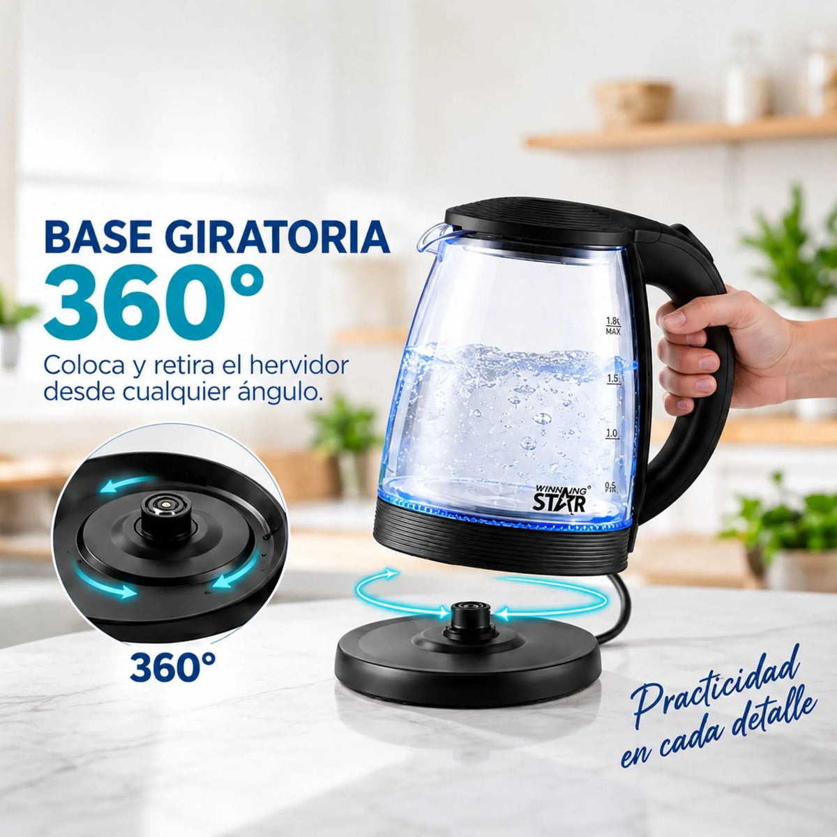 Hervidor Eléctrico En Vidrio 1.8L 1500W Con Apagado Automático Winning Star ST-2065