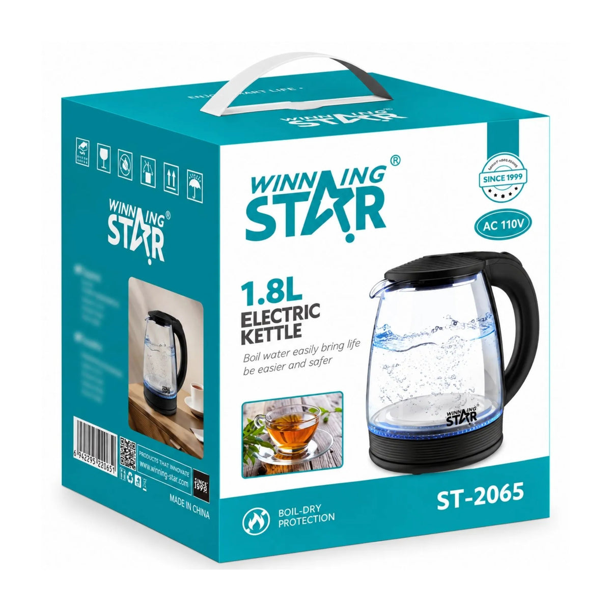 Hervidor Eléctrico En Vidrio 1.8L 1500W Con Apagado Automático Winning Star ST-2065