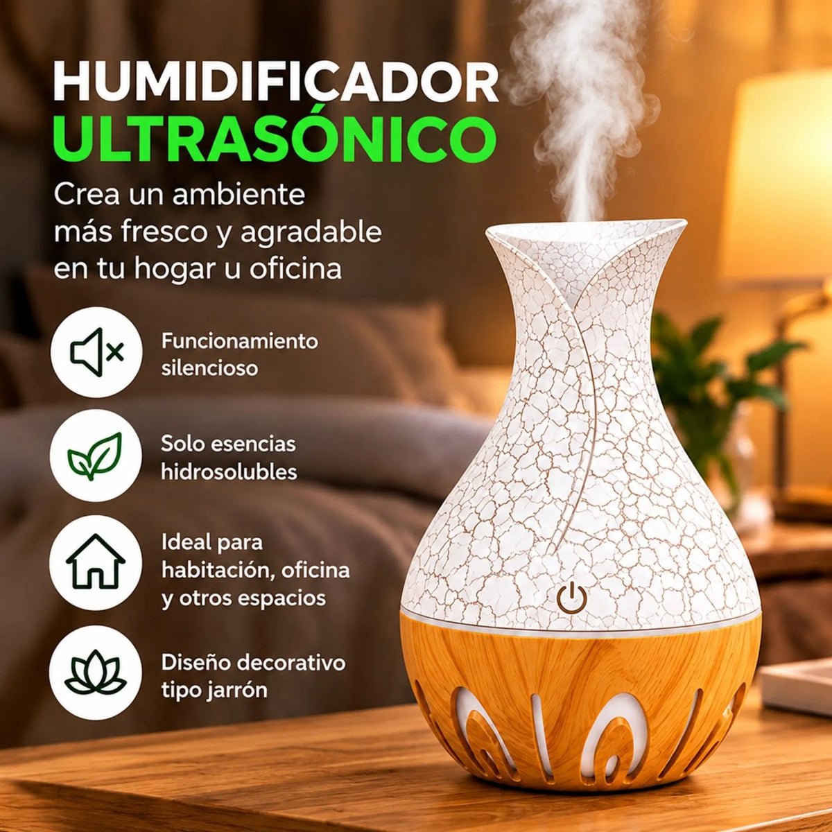 Humidificador De Aromas Ultrasónico Silencioso 5V Para Esencias Hidrosolubles Efecto Madera AE0627
