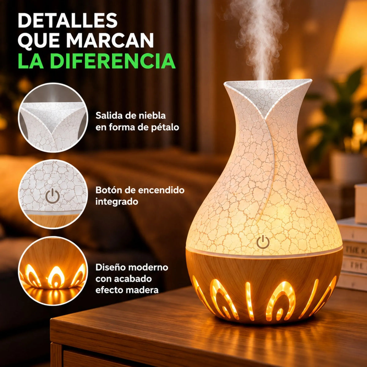 Humidificador De Aromas Ultrasónico Silencioso 5V Para Esencias Hidrosolubles Efecto Madera AE0627