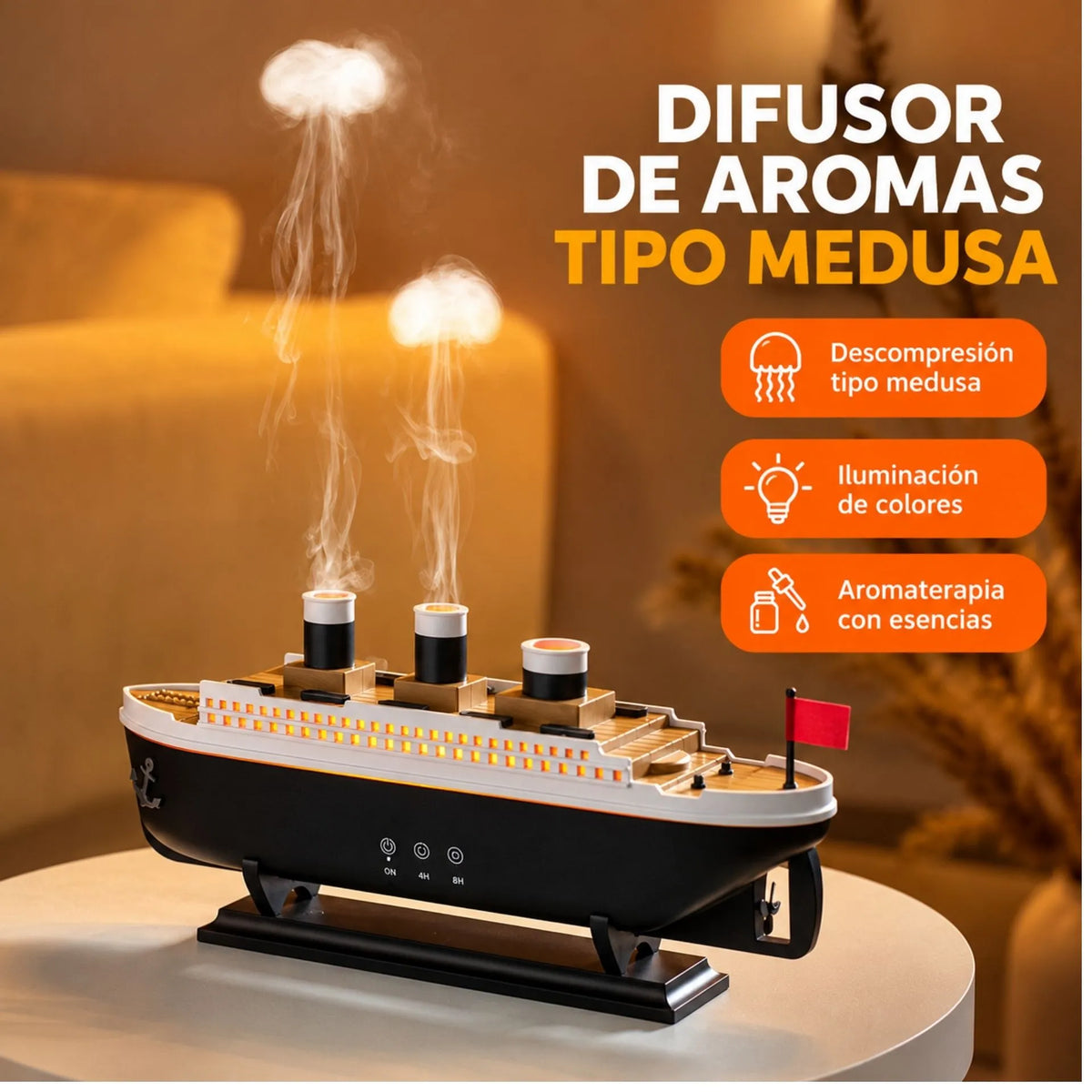 Humidificador Difusor De Aromas Diseño Barco 250ml Con Efecto Medusa 299