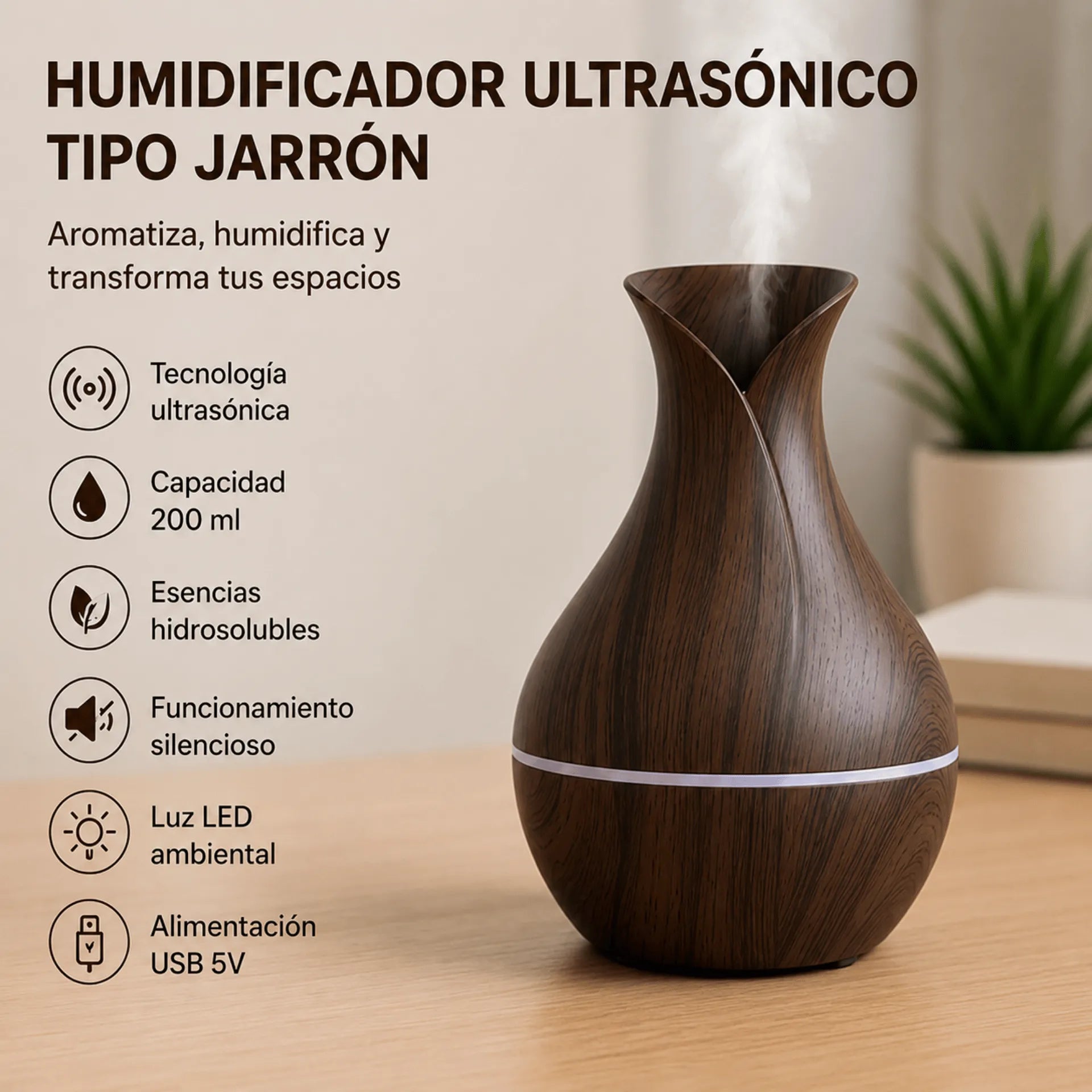 Humidificador Ultrasónico Tipo Jarrón Difusor De Aromas 200ml AE0331