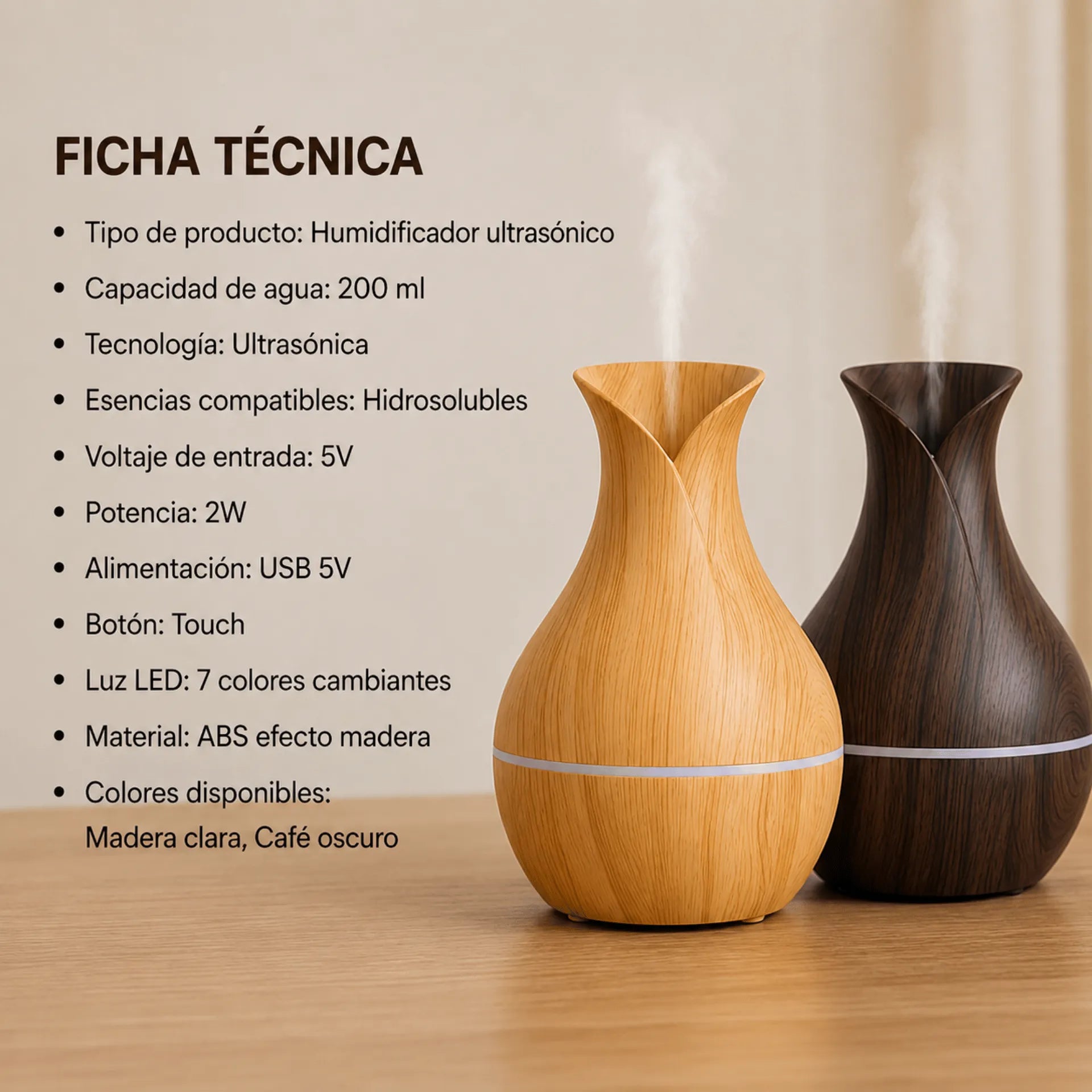 Humidificador Ultrasónico Tipo Jarrón Difusor De Aromas 200ml AE0331