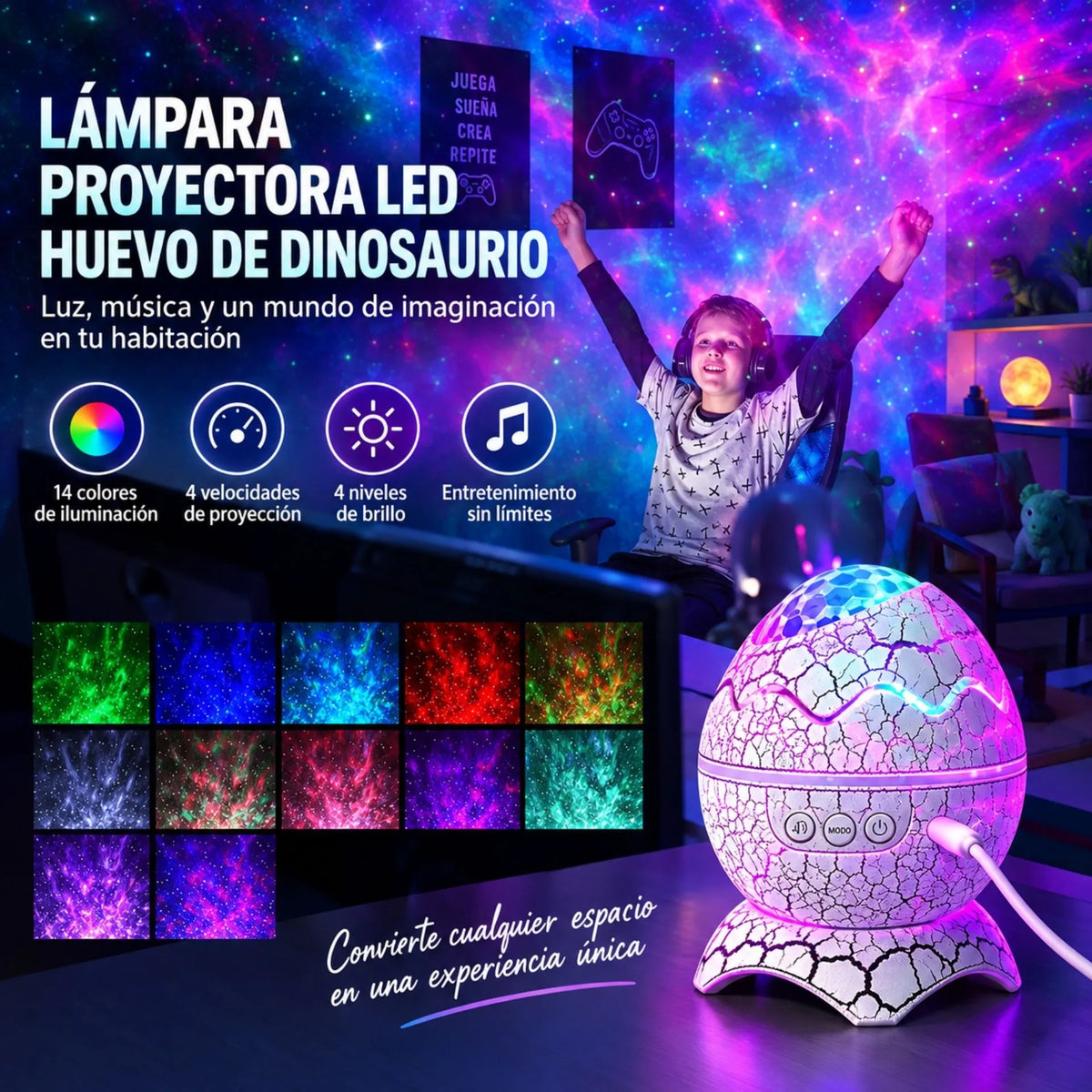 Lámpara Proyectora LED RGB Huevo De Dinosaurio Parlante Bluetooth Y Control Remoto K850