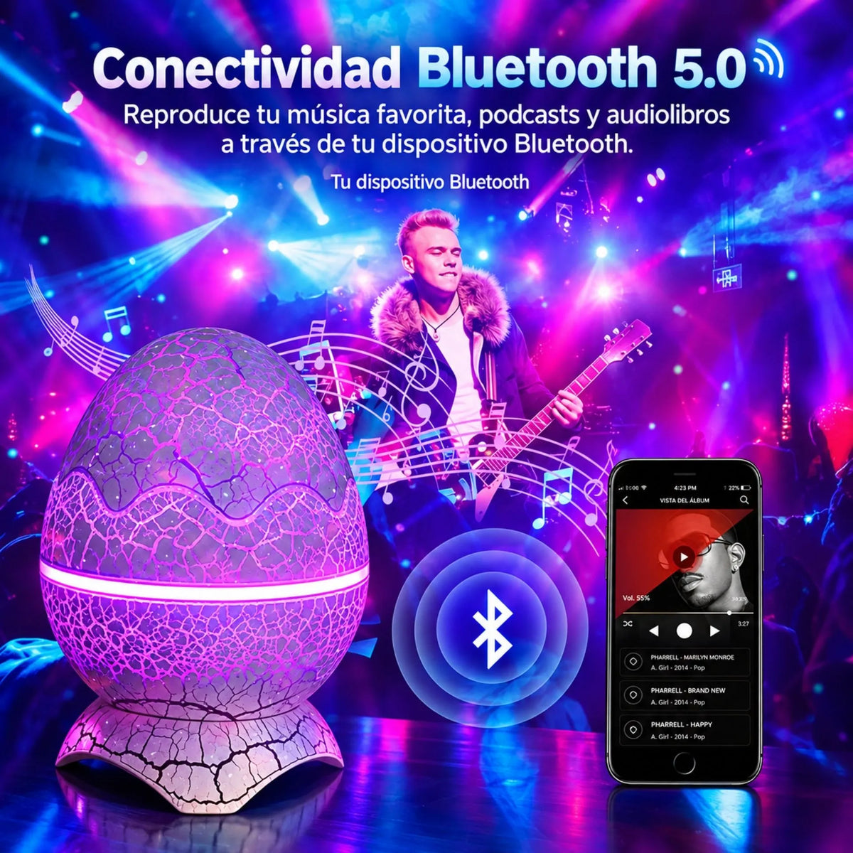 Lámpara Proyectora LED RGB Huevo De Dinosaurio Parlante Bluetooth Y Control Remoto K850