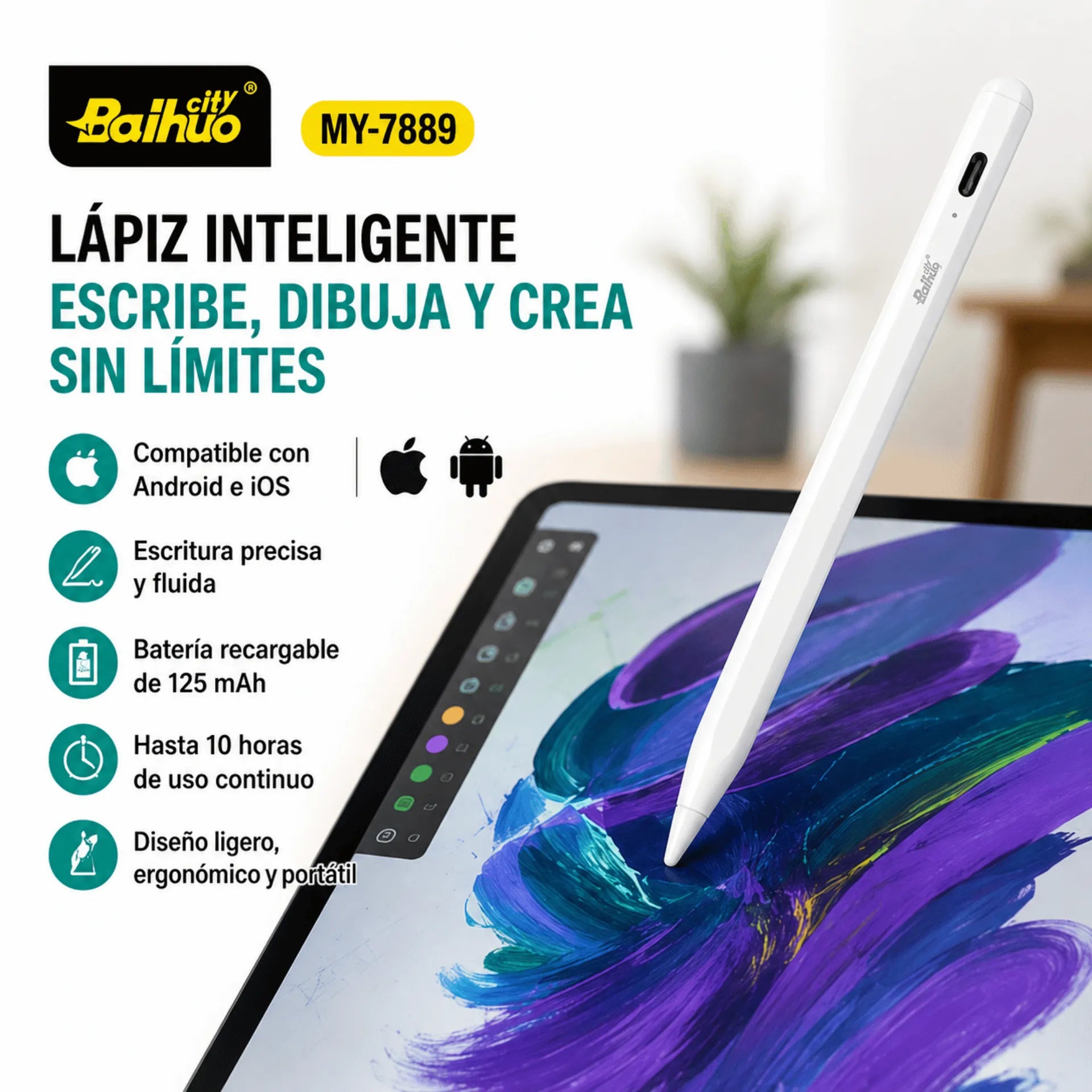 Lápiz Inteligente Capacitivo Recargable Para Android Y Apple Baihuo City MY-7889