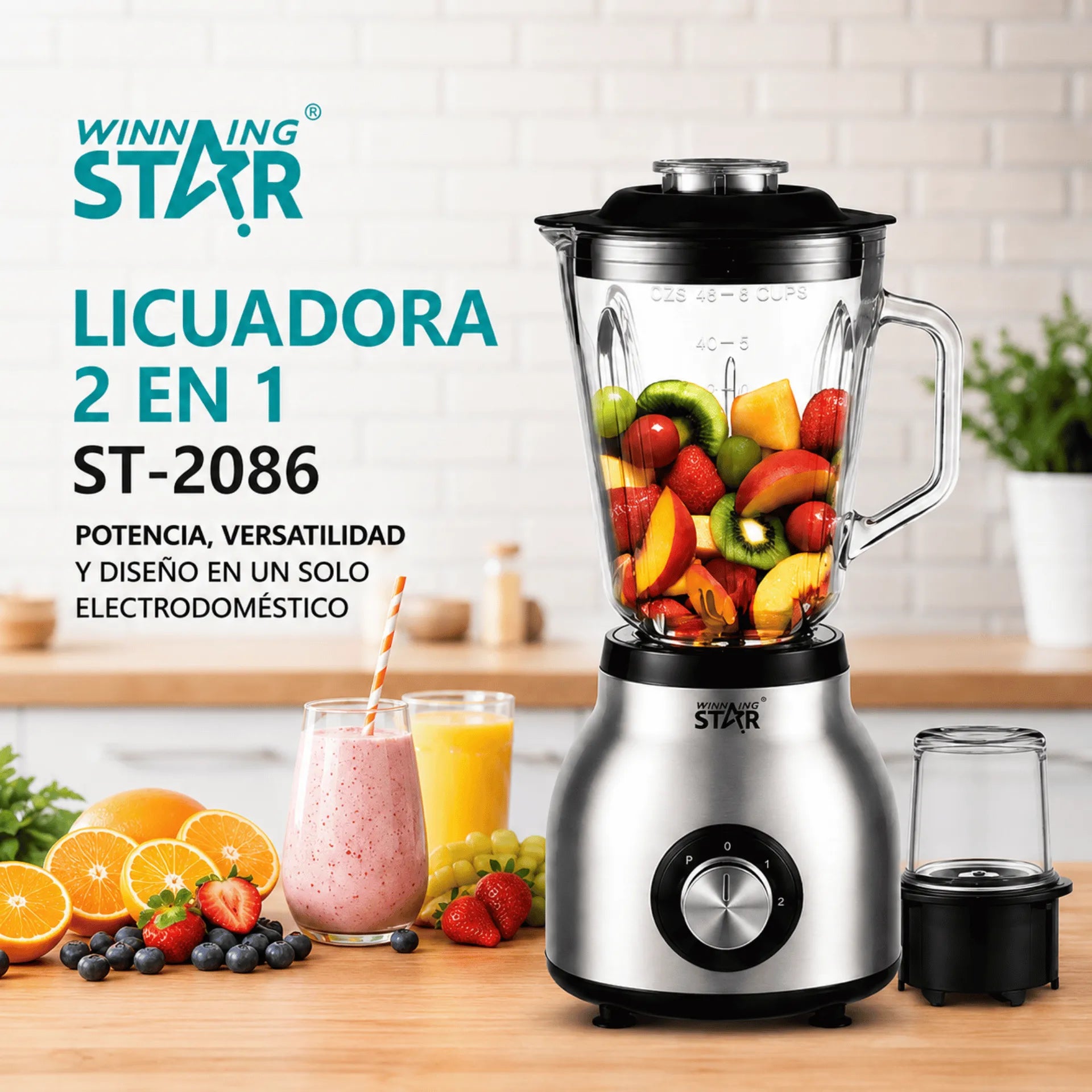 Licuadora 2 En 1 De 1.5 Litros Con Molino Y Vaso De Vidrio Winning Star ST-2086