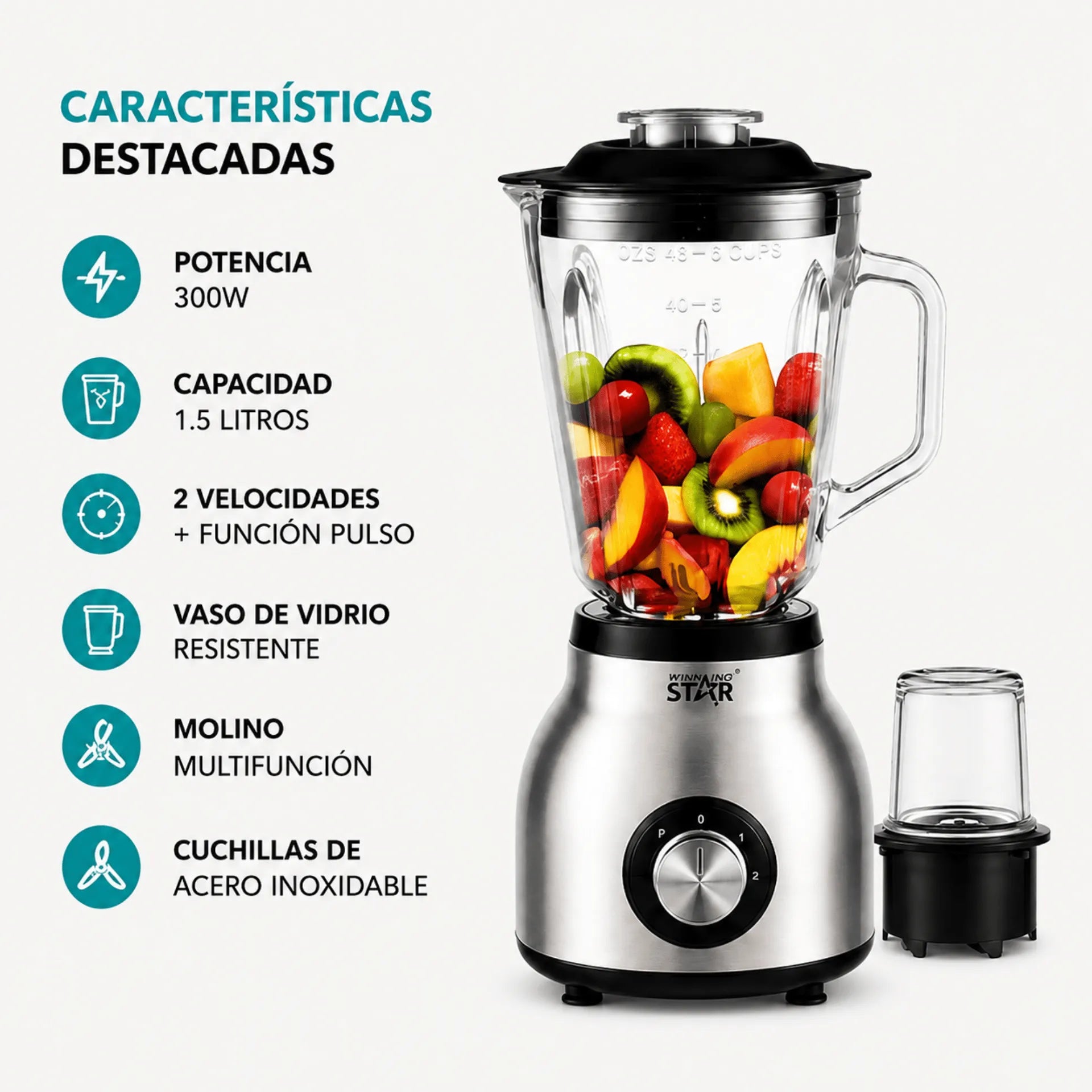 Licuadora 2 En 1 De 1.5 Litros Con Molino Y Vaso De Vidrio Winning Star ST-2086