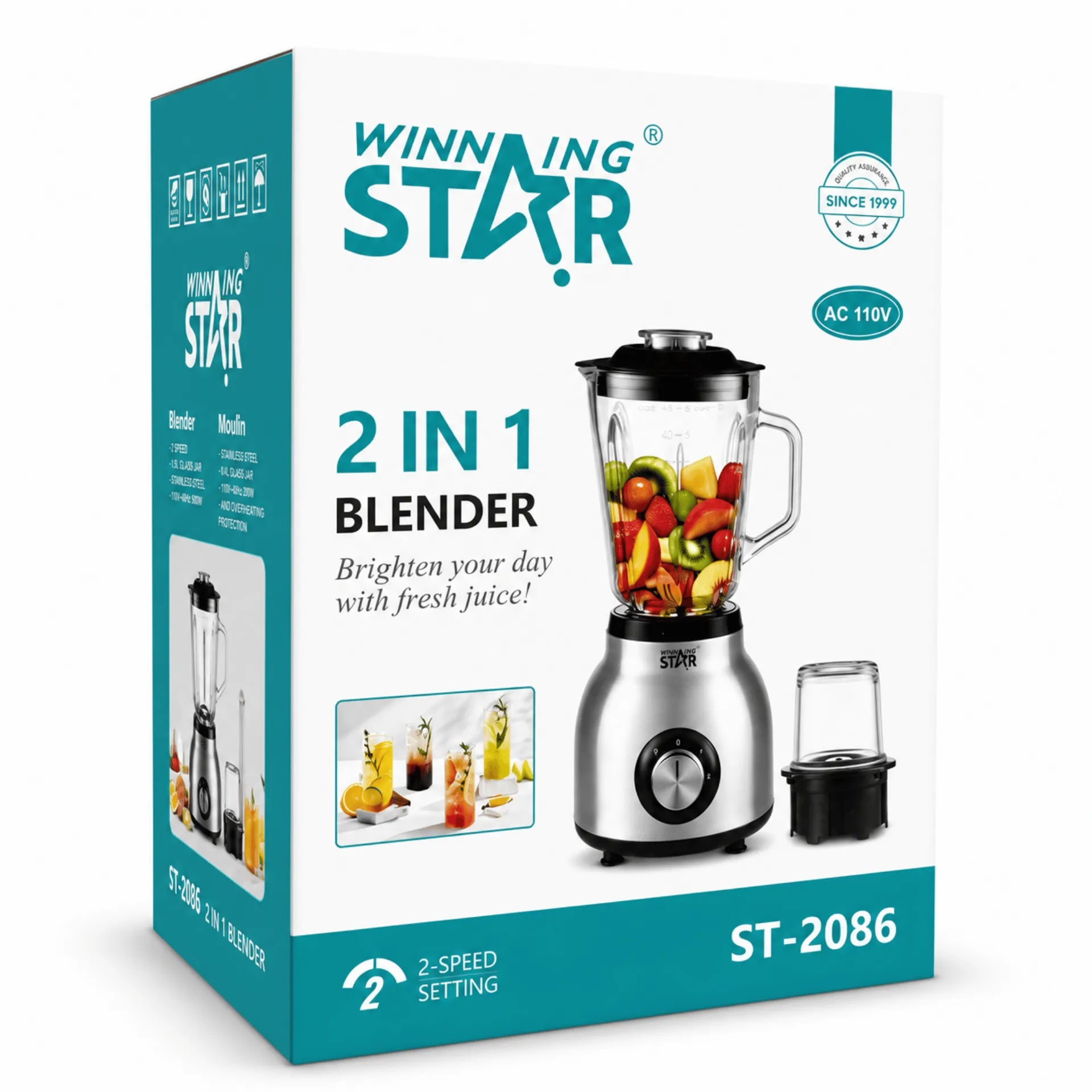 Licuadora 2 En 1 De 1.5 Litros Con Molino Y Vaso De Vidrio Winning Star ST-2086
