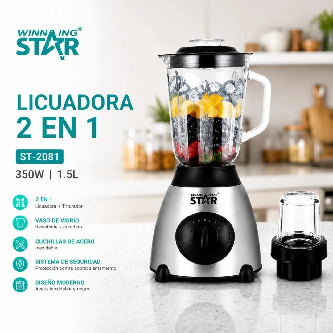 Licuadora 2 En 1 Winning Star 1.5L Con Triturador Y Vaso De Vidrio ST-2081