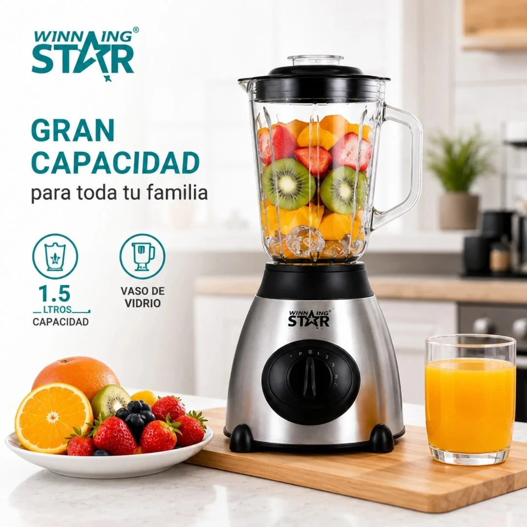 Licuadora 2 En 1 Winning Star 1.5L Con Triturador Y Vaso De Vidrio ST-2081