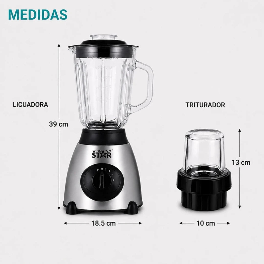 Licuadora 2 En 1 Winning Star 1.5L Con Triturador Y Vaso De Vidrio ST-2081