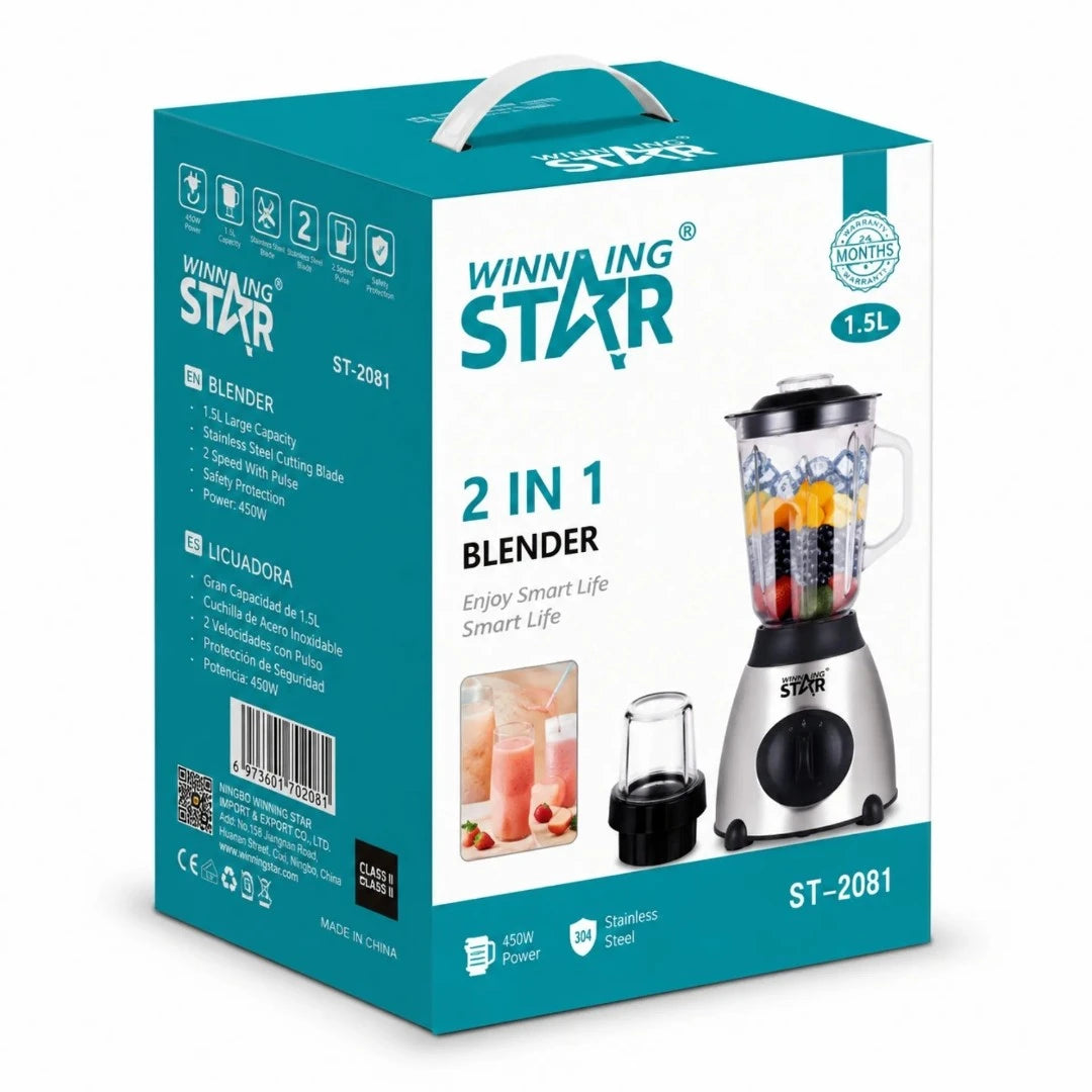 Licuadora 2 En 1 Winning Star 1.5L Con Triturador Y Vaso De Vidrio ST-2081