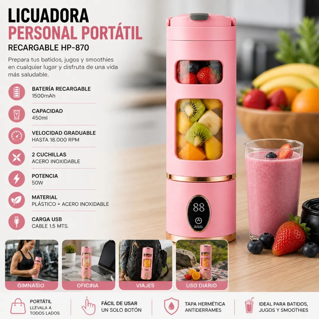 Licuadora Personal Portátil Recargable 450ML Con Velocidad Graduable Alta Potencia HP-87
