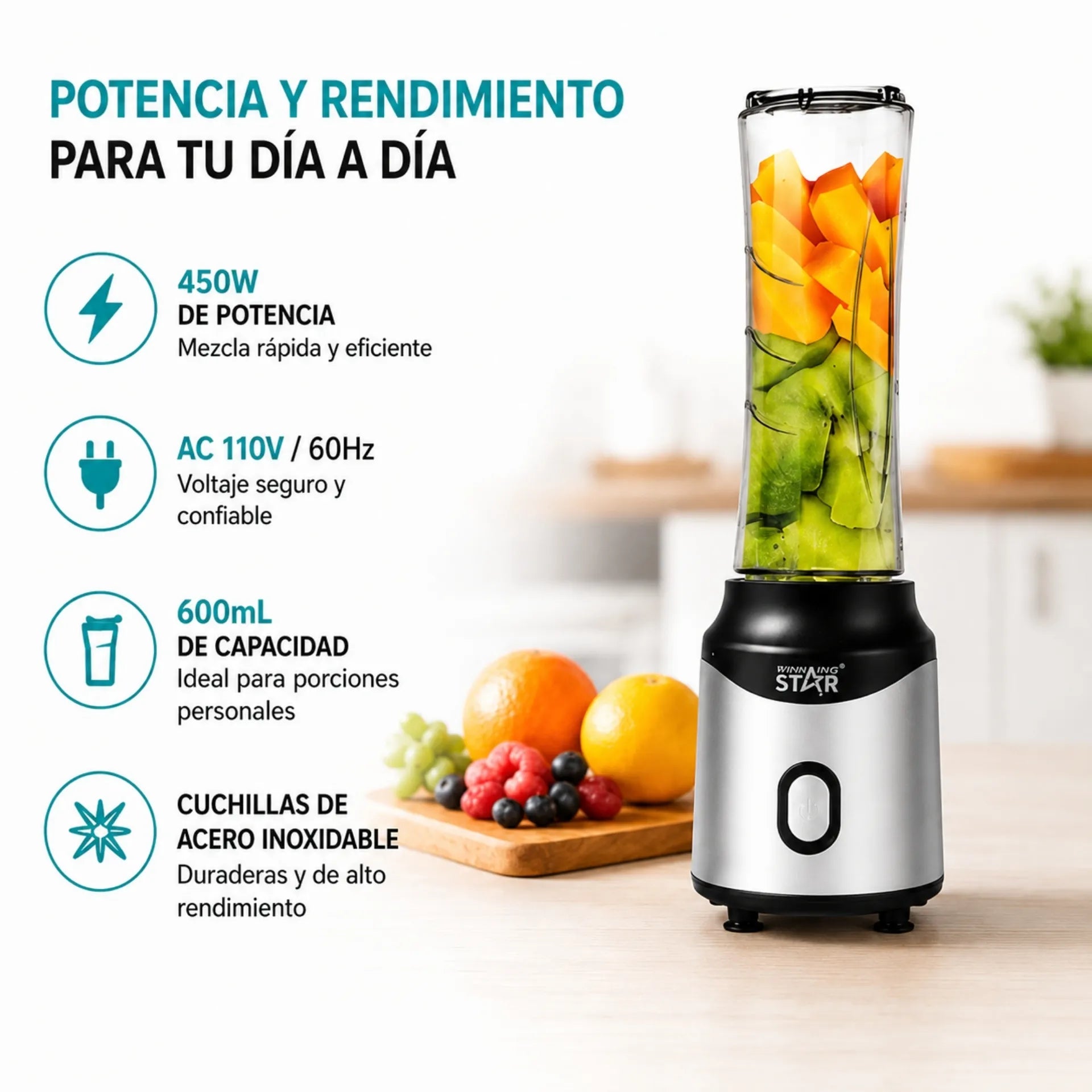 Licuadora Personal Portátil Winning Star 600ml Con Vaso Deportivo ST-2091