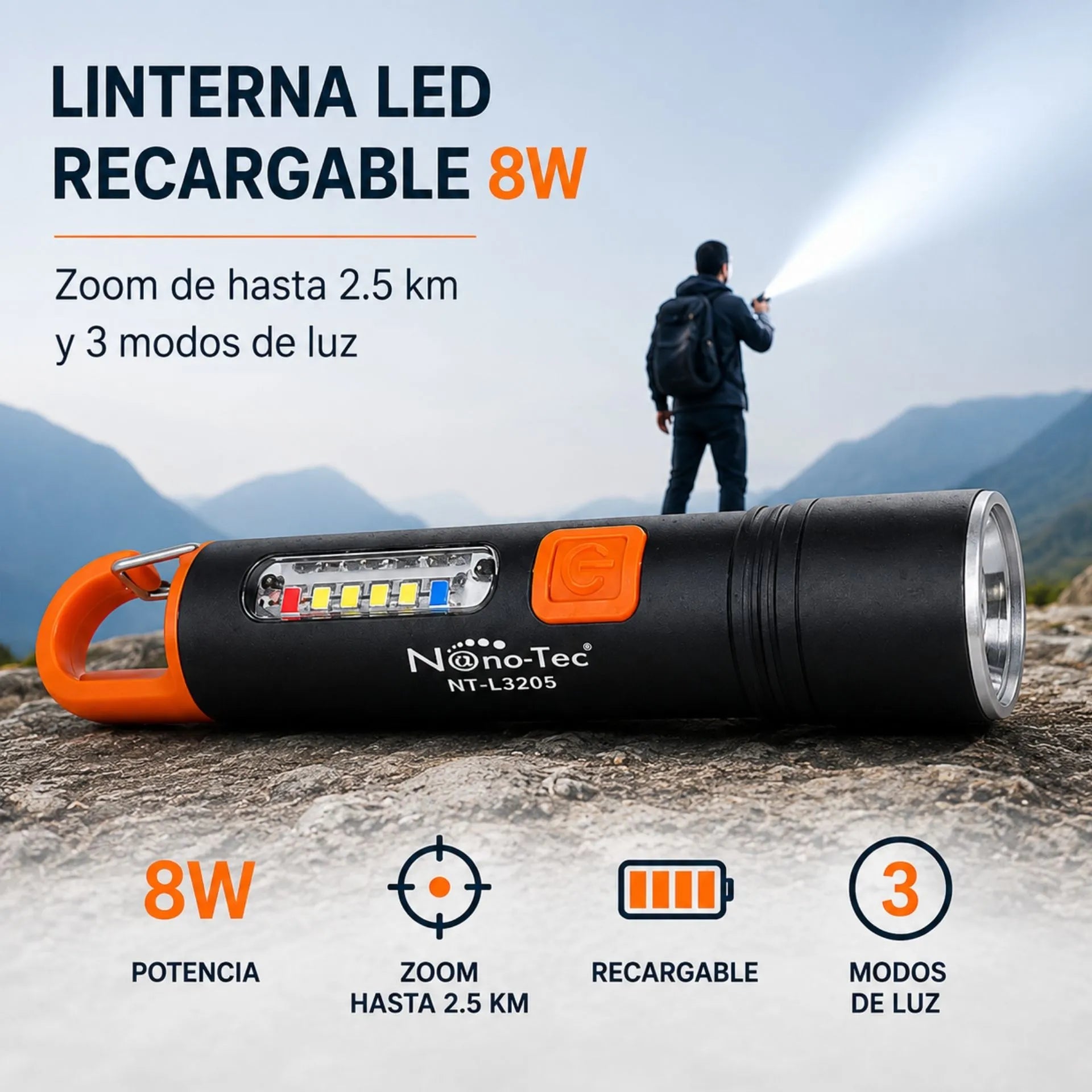 Linterna LED Recargable Nano-Tec 8W Con Zoom De Hasta 2.5 Km Y 3 Modos De Luz NT-L3205