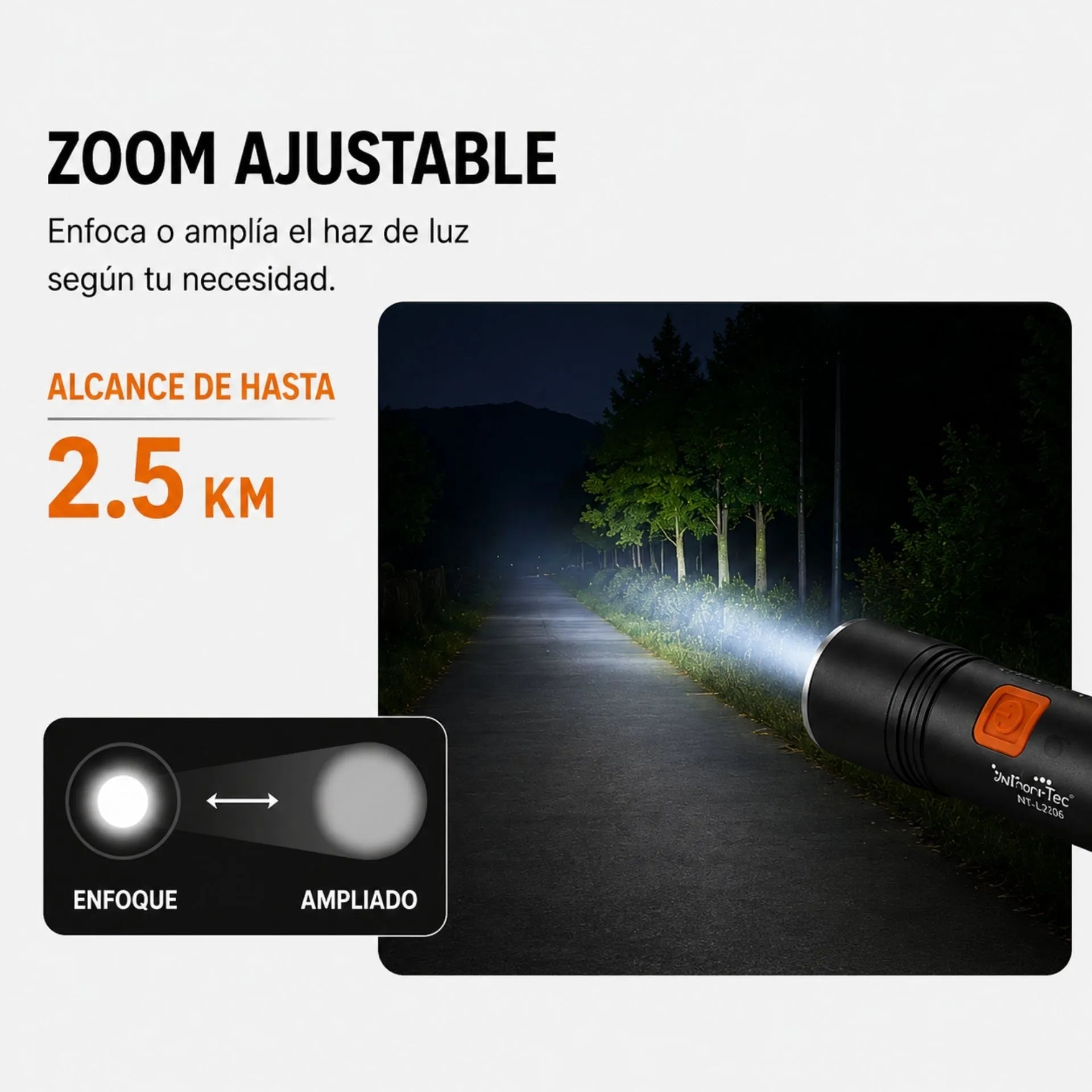 Linterna LED Recargable Nano-Tec 8W Con Zoom De Hasta 2.5 Km Y 3 Modos De Luz NT-L3205
