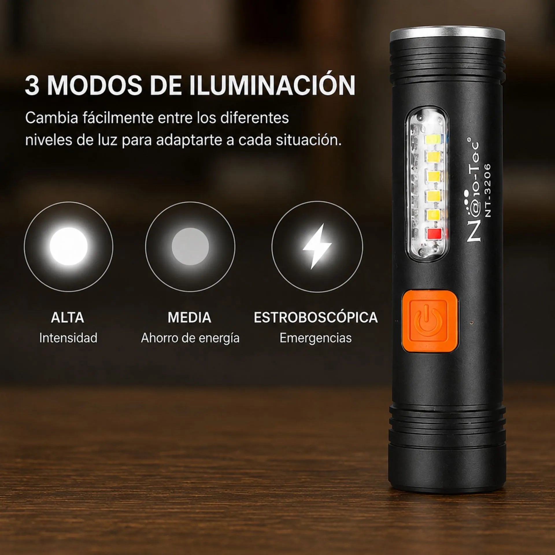 Linterna LED Recargable Nano-Tec 8W Con Zoom De Hasta 2.5 Km Y 3 Modos De Luz NT-L3205