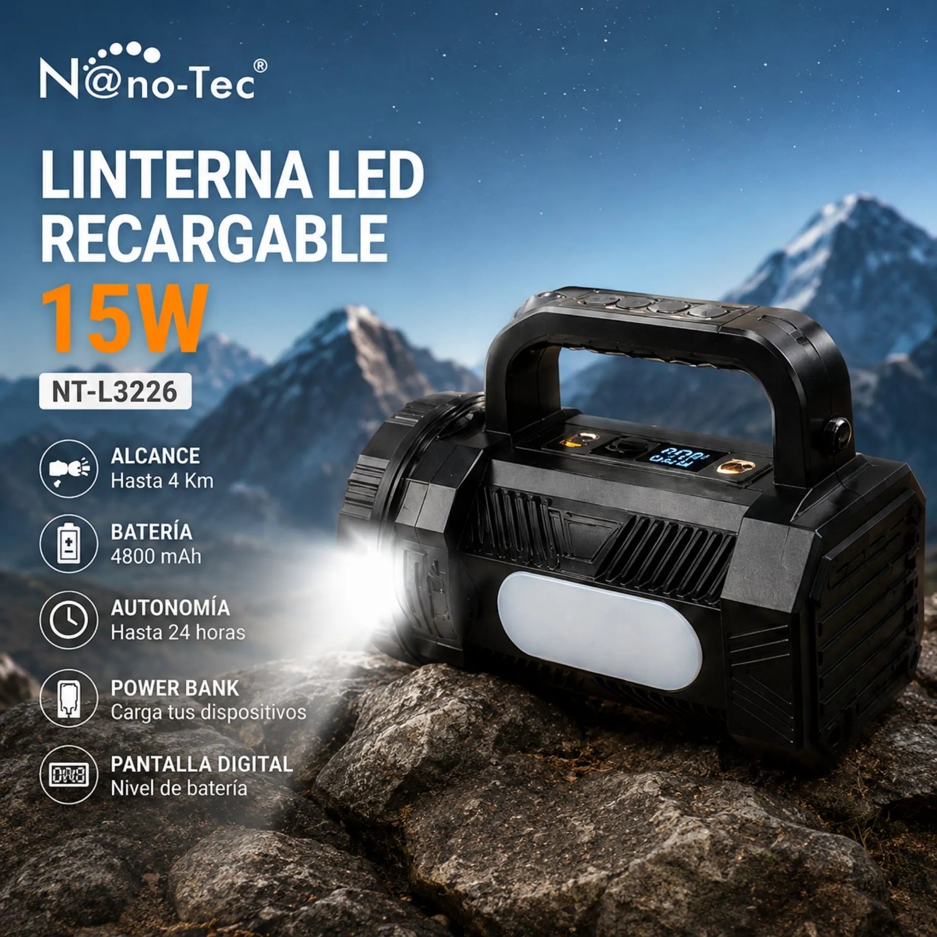 Linterna LED Recargable Nano-Tec 15W Power Bank, Pantalla Digital Alcance De4 Km NT-L3226