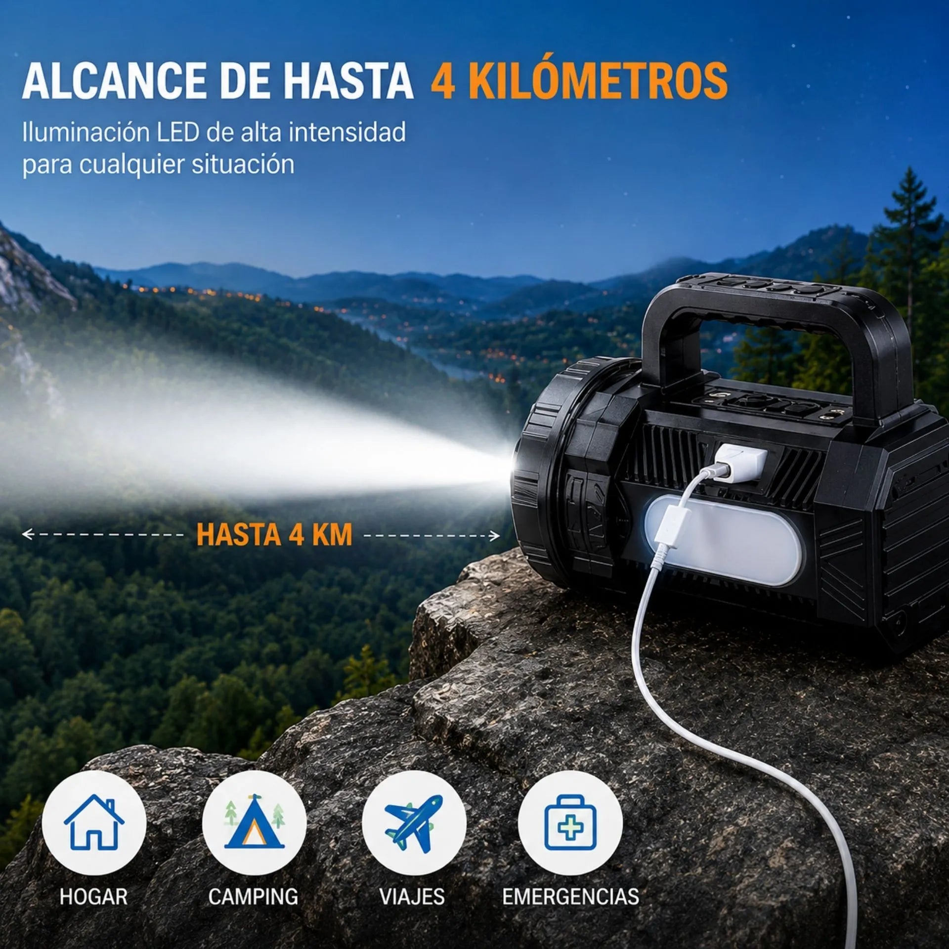 Linterna LED Recargable Nano-Tec 15W Power Bank, Pantalla Digital Alcance De4 Km NT-L3226