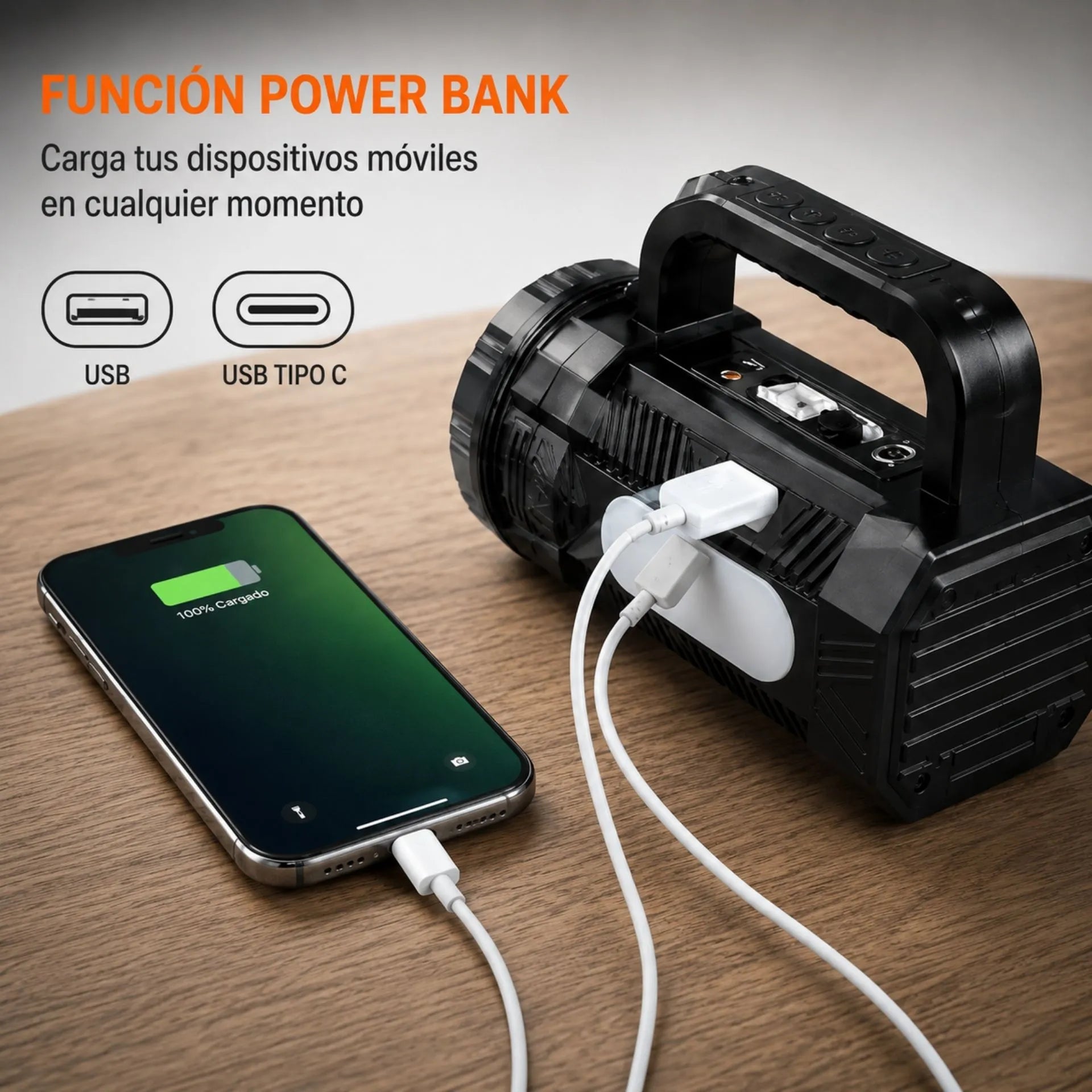 Linterna LED Recargable Nano-Tec 15W Power Bank, Pantalla Digital Alcance De4 Km NT-L3226