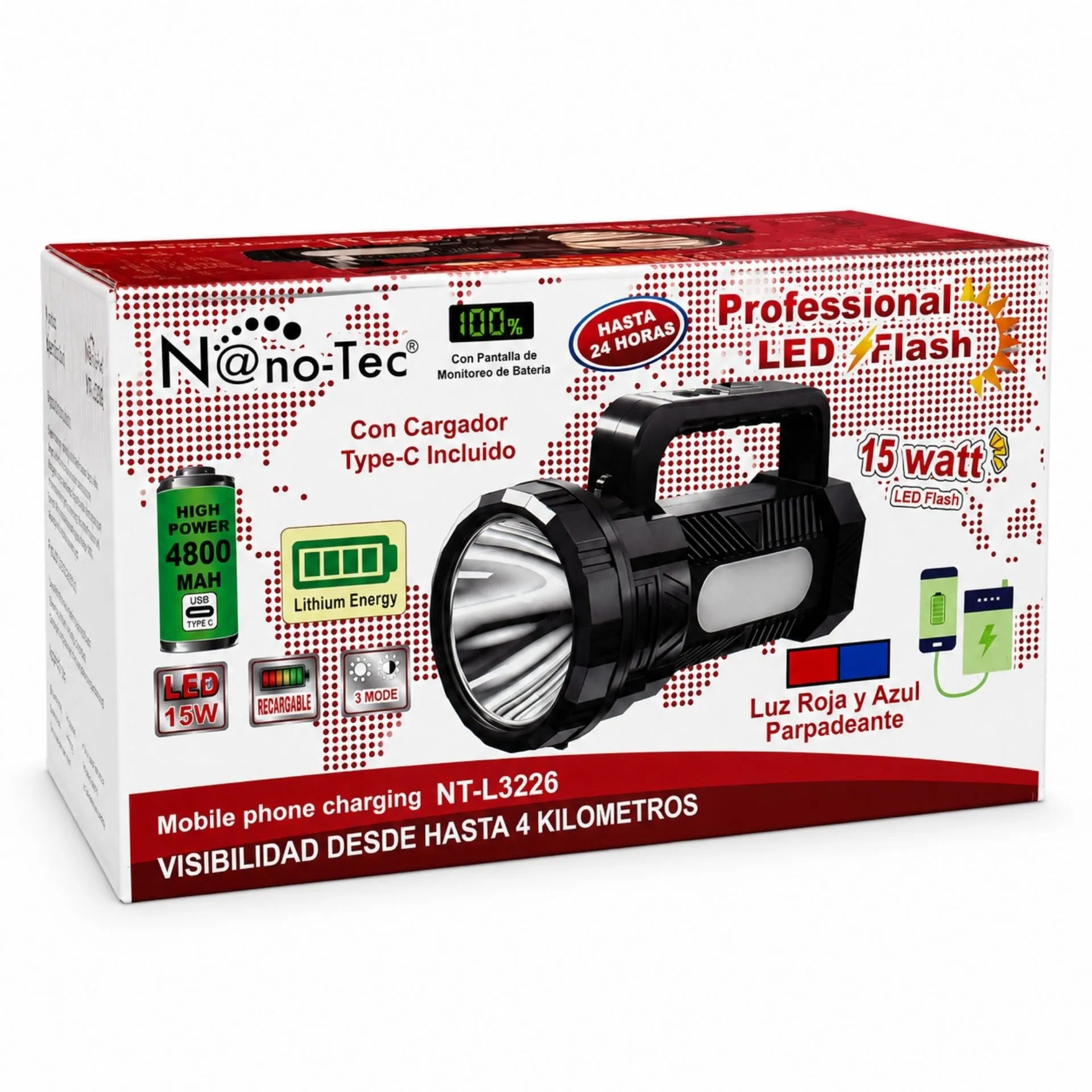 Linterna LED Recargable Nano-Tec 15W Power Bank, Pantalla Digital Alcance De4 Km NT-L3226