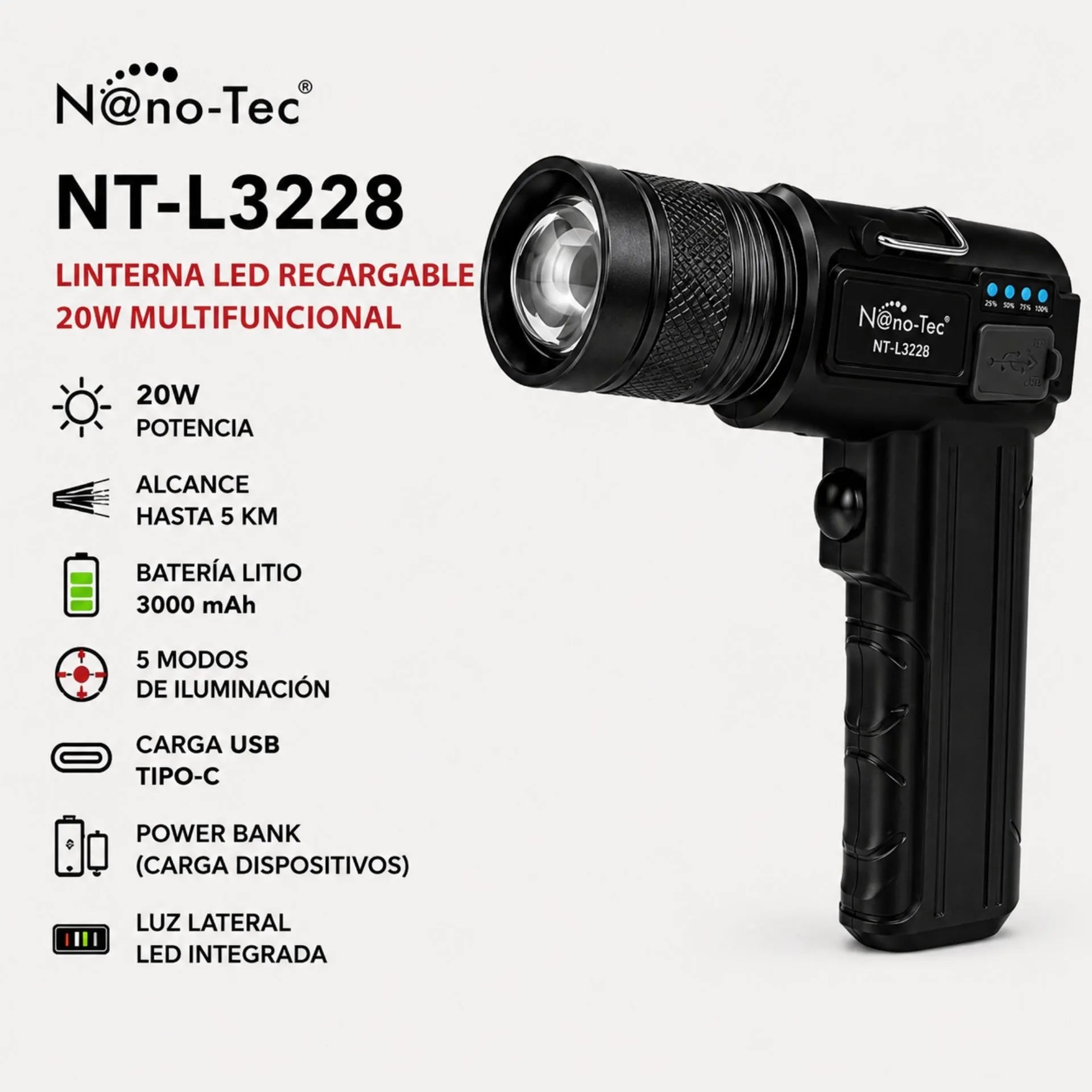 Linterna LED Recargable Nano-Tec 20W Con Power Bank Alcance De Hasta 5 Km NT-L3228