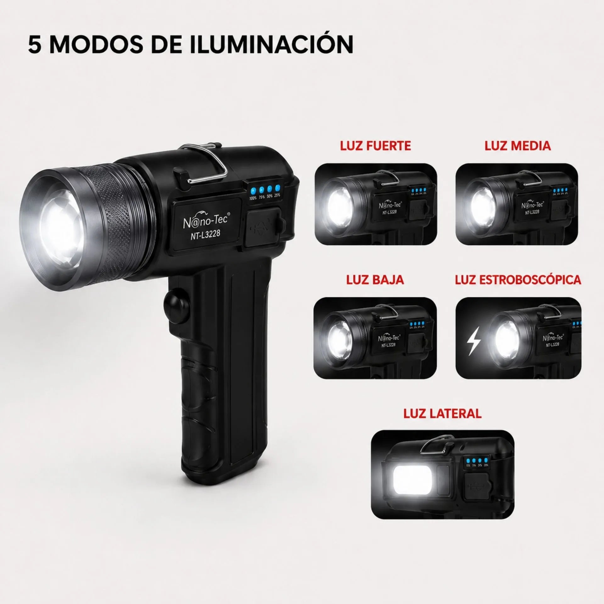 Linterna LED Recargable Nano-Tec 20W Con Power Bank Alcance De Hasta 5 Km NT-L3228