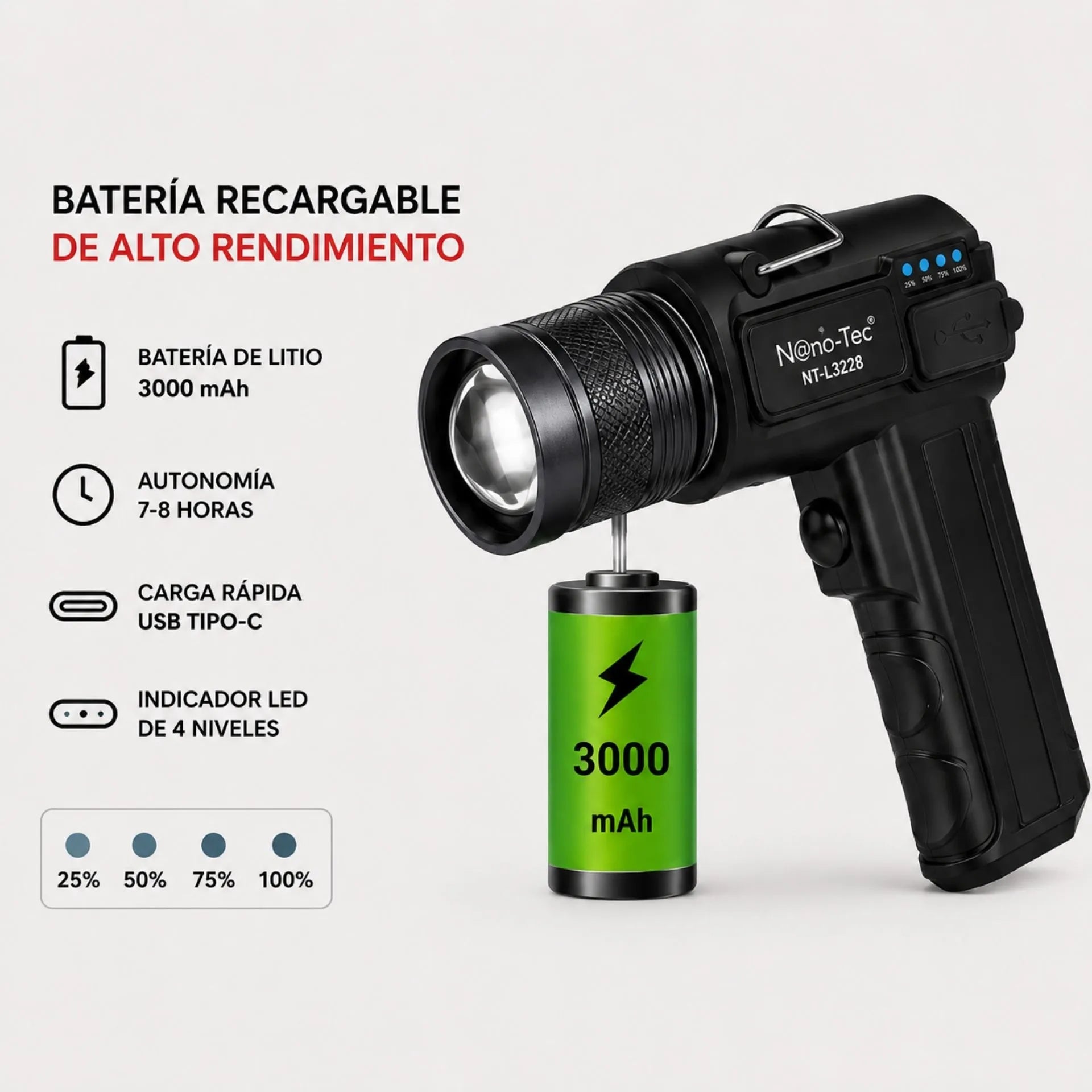 Linterna LED Recargable Nano-Tec 20W Con Power Bank Alcance De Hasta 5 Km NT-L3228