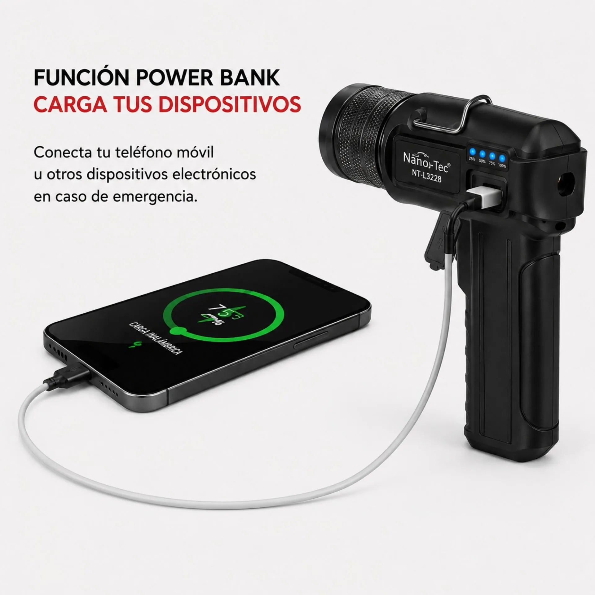 Linterna LED Recargable Nano-Tec 20W Con Power Bank Alcance De Hasta 5 Km NT-L3228