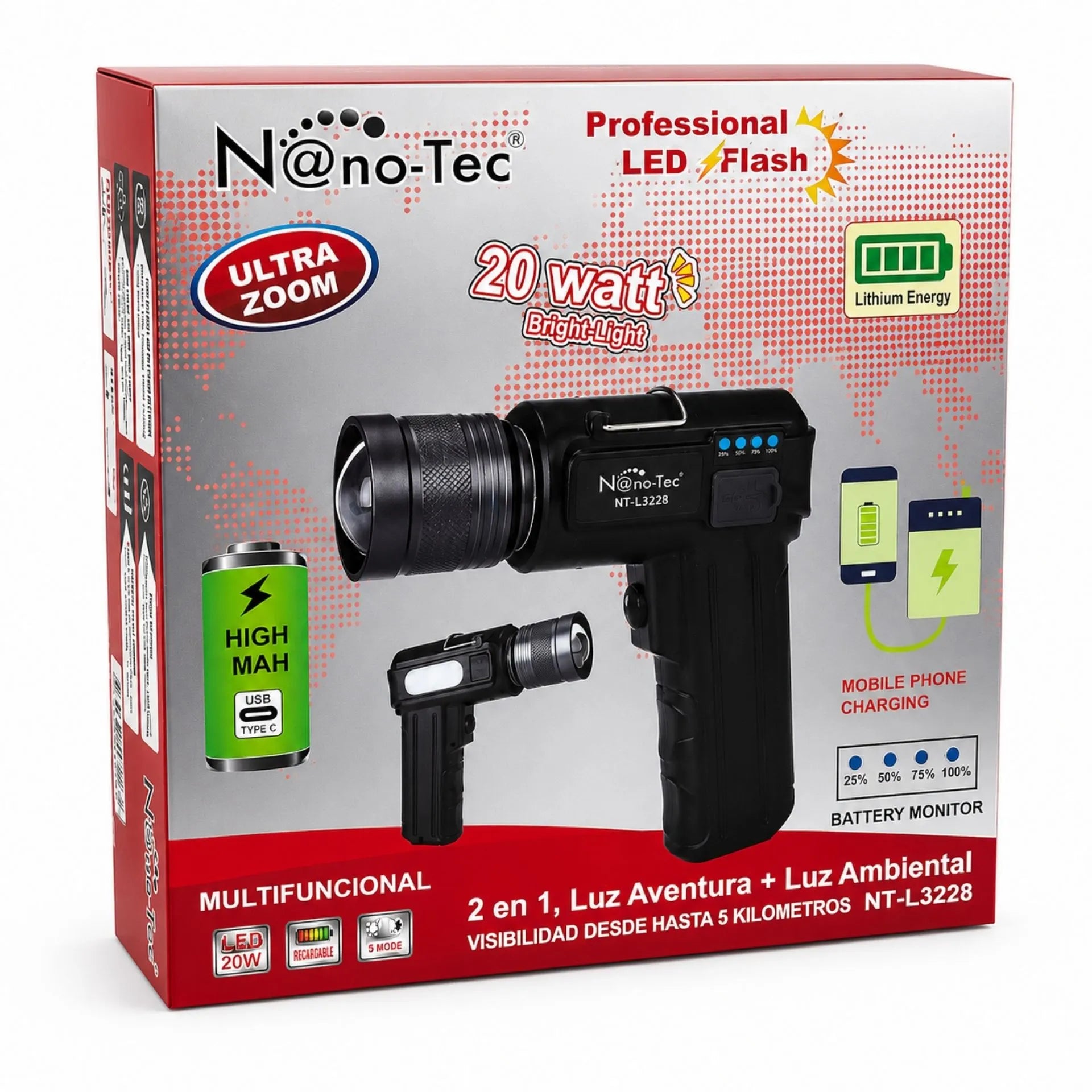 Linterna LED Recargable Nano-Tec 20W Con Power Bank Alcance De Hasta 5 Km NT-L3228
